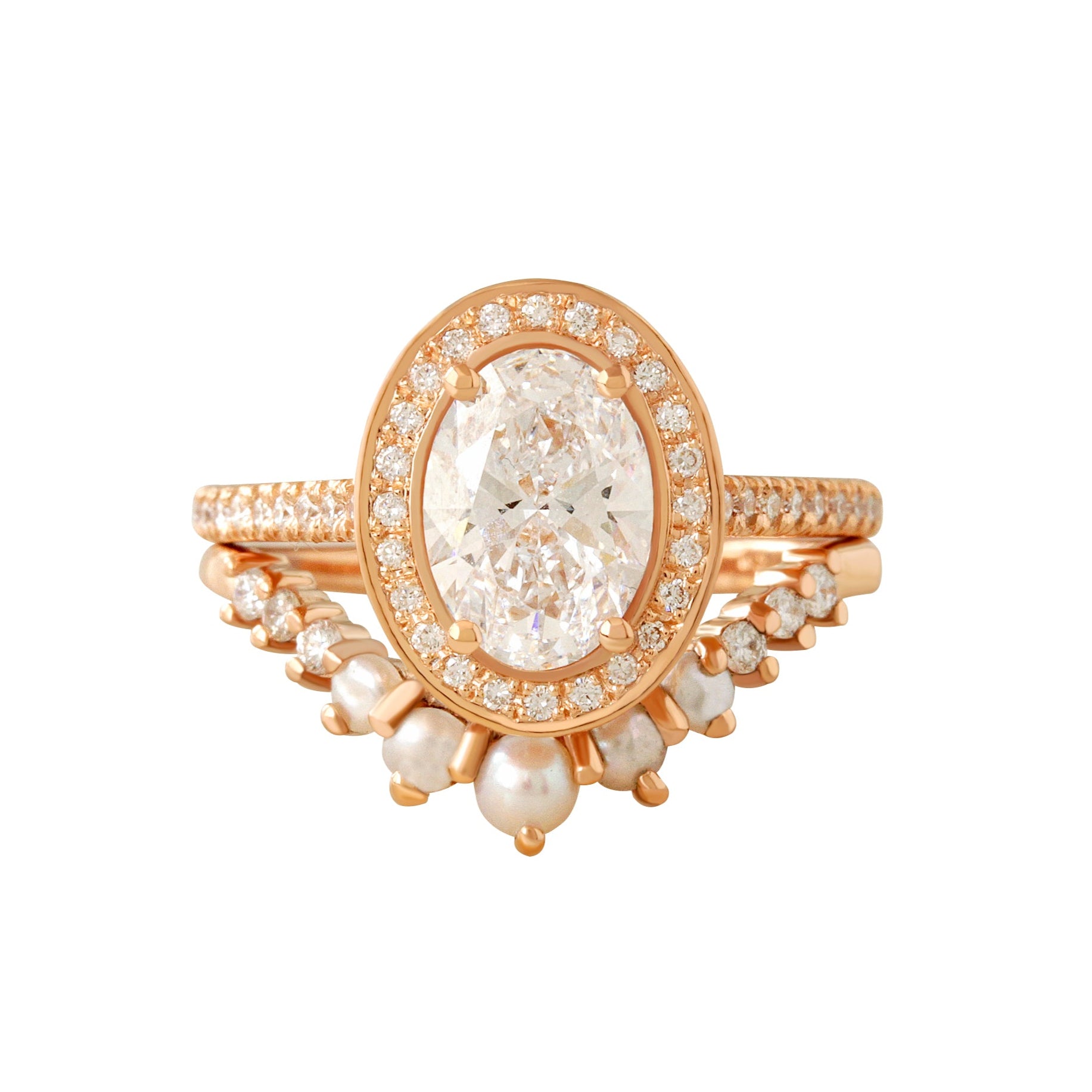 Oval Diamond Halo Engagement Ring with Matching Pearls and Diamonds Curved Nesting Ring, Engagement Ring Set