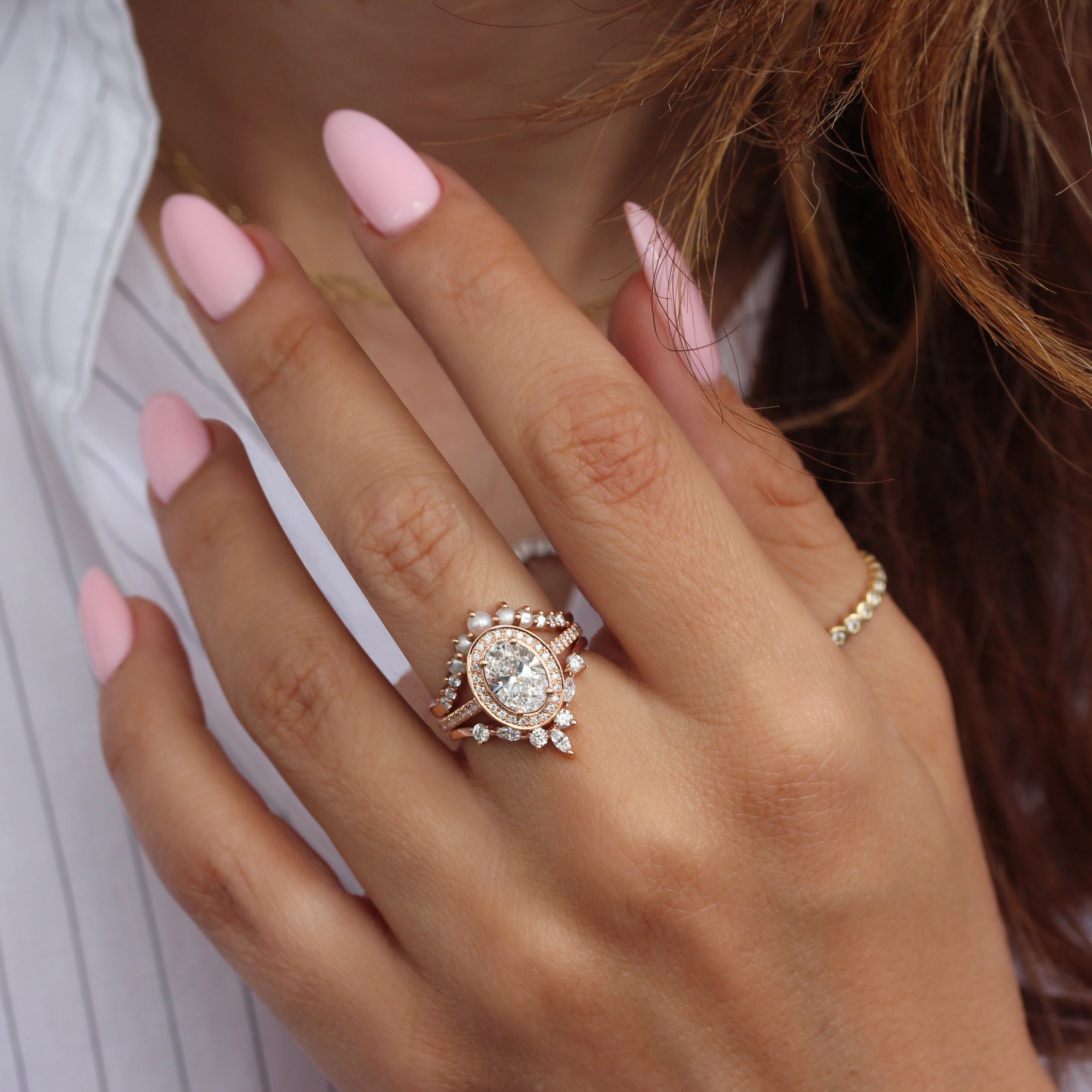 Oval Diamond Halo Engagement Ring with Matching Pearls and Diamonds Curved Nesting Ring, Engagement Ring Set