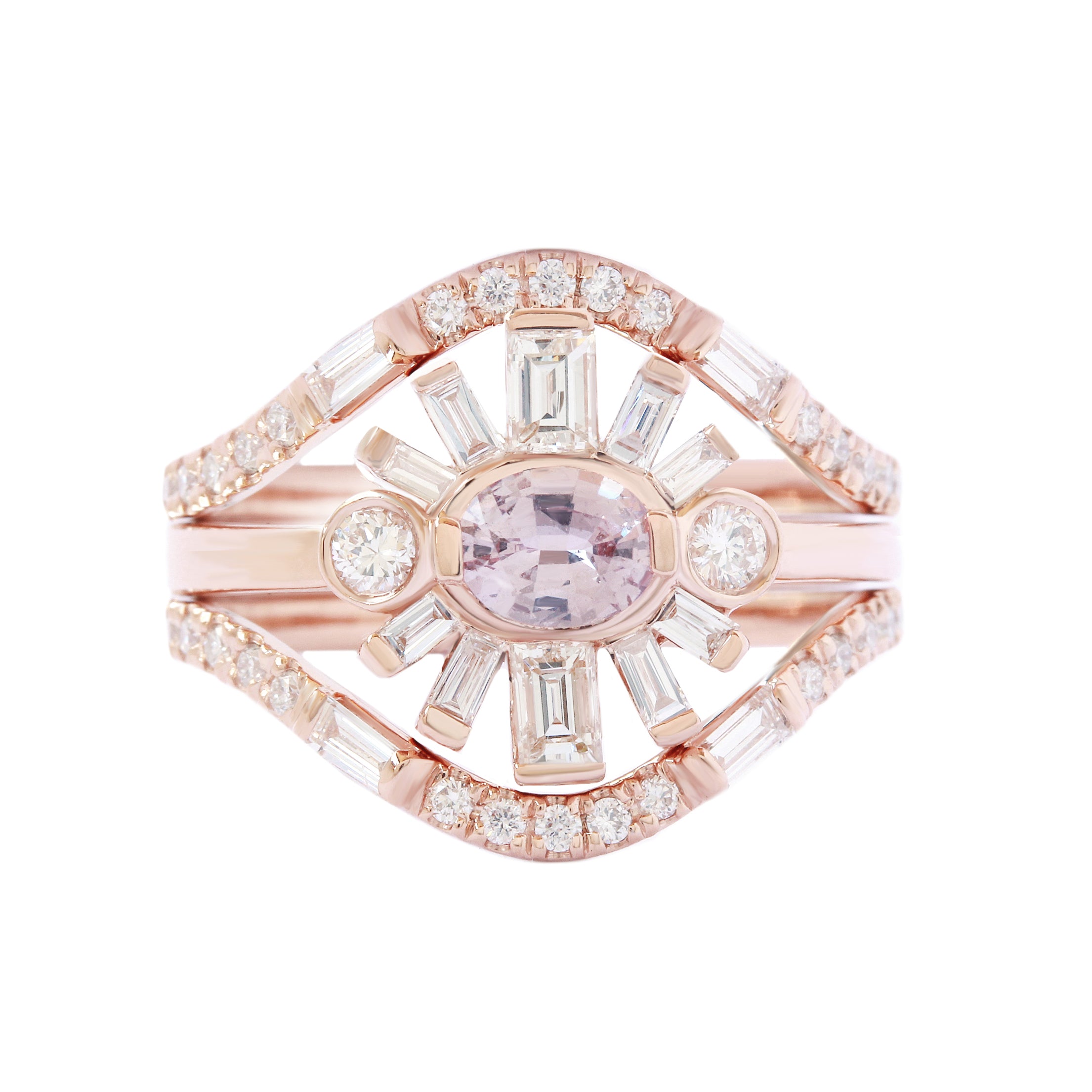 Oval Pink Sapphire & Baguette Diamonds Sun Ring