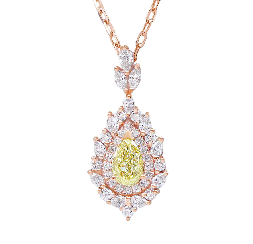 Pear Canary Yellow Diamond Double Halo Pendant Necklace, High Jewelry - Victoria, statement diamond necklace, high jewelry, luxury necklace, pear diamond necklace, yellow diamond, canary diamond