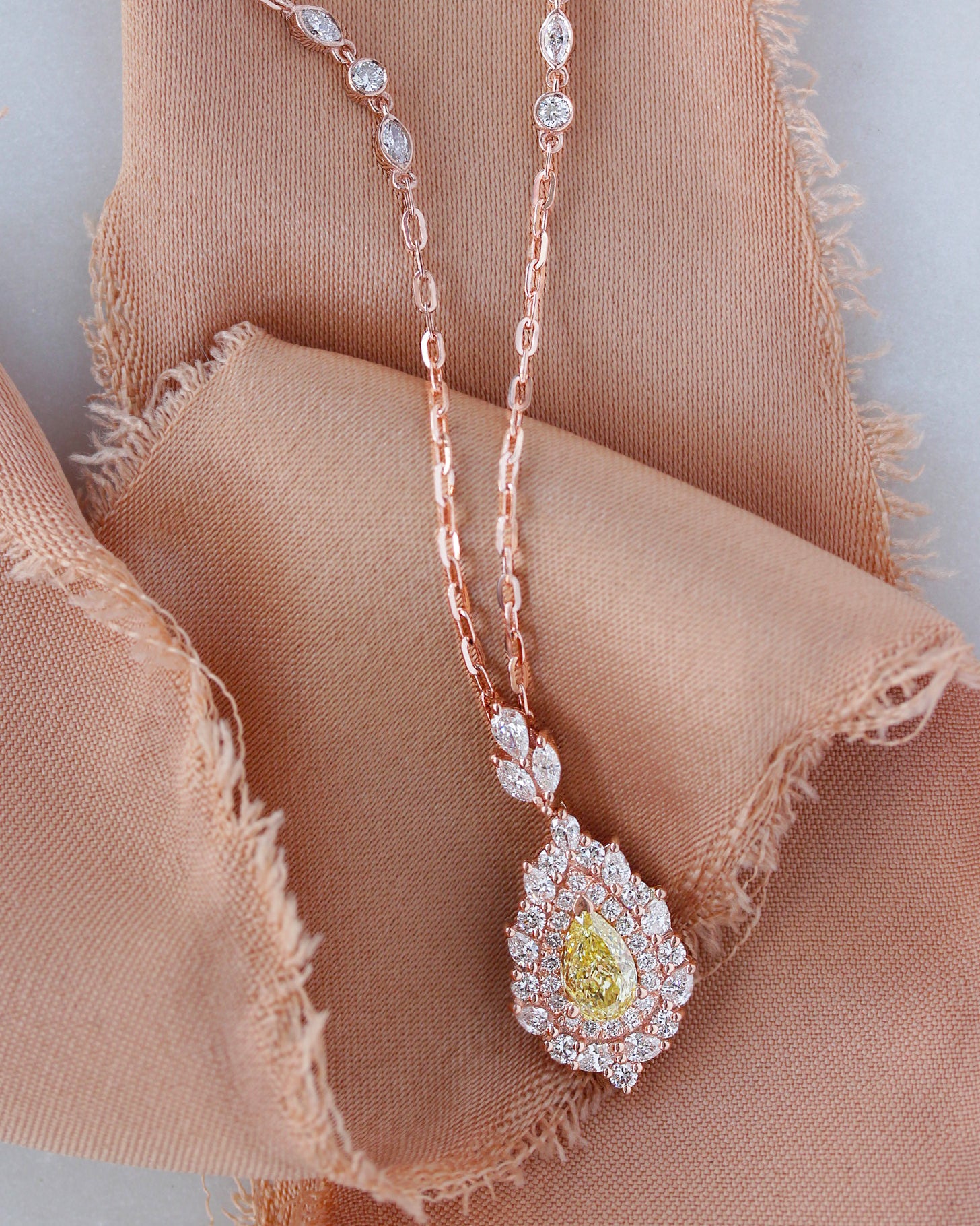 Pear Canary Yellow Diamond Double Halo Pendant Necklace, High Jewelry - Victoria, statement diamond necklace, high jewelry, luxury necklace, pear diamond necklace, yellow diamond, canary diamond