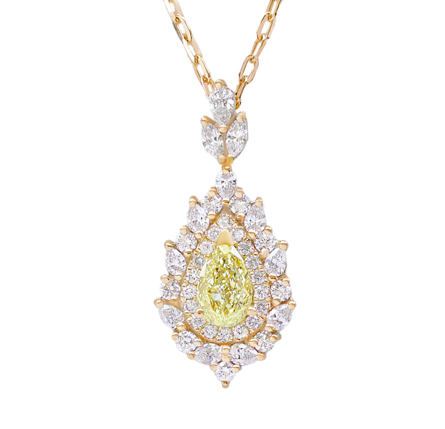 Pear Canary Yellow Diamond Double Halo Pendant Necklace, High Jewelry - Victoria, statement diamond necklace, high jewelry, luxury necklace, pear diamond necklace, yellow diamond, canary diamond
