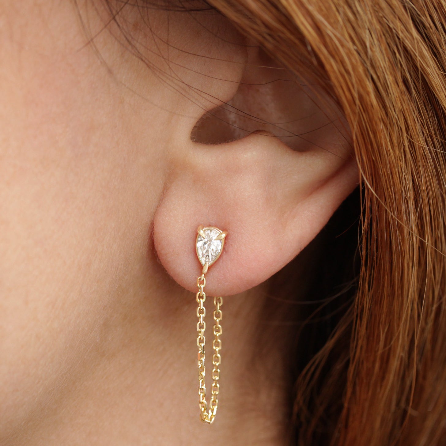 Pear Diamond Chain Drop Earrings, pear diamond earrings, stud earrings, chain drop earrings, everyday earrings