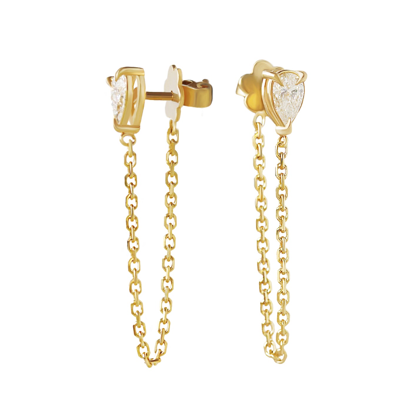 Pear Diamond Chain Drop Earrings, pear diamond earrings, stud earrings, chain drop earrings, everyday earrings