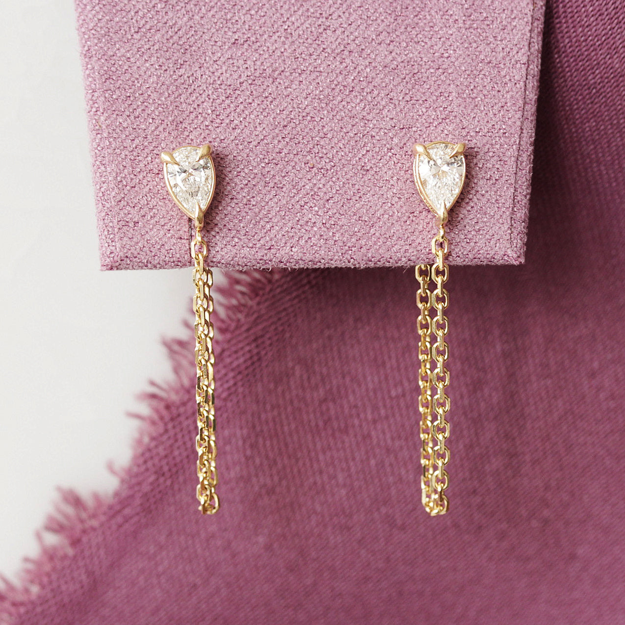 Pear Diamond Chain Drop Earrings, pear diamond earrings, stud earrings, chain drop earrings, everyday earrings