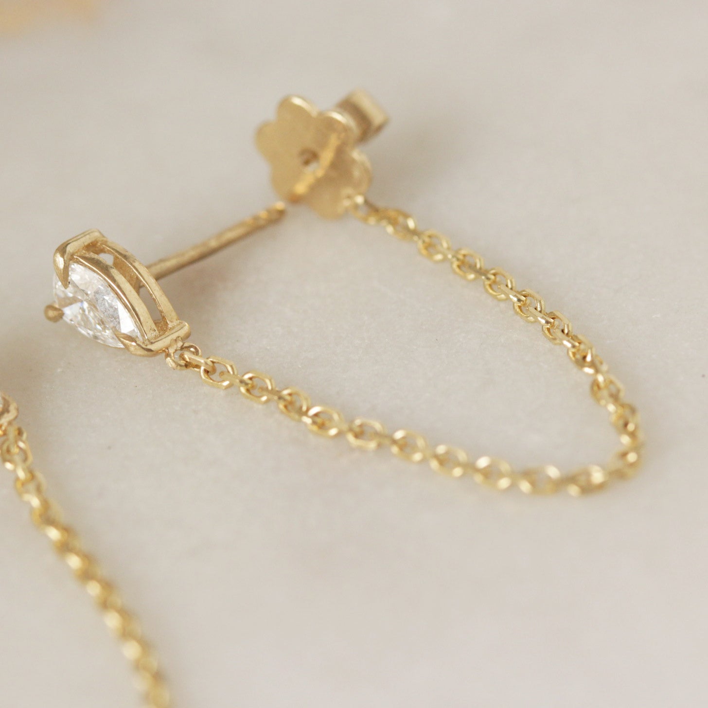 Pear Diamond Chain Drop Earrings, pear diamond earrings, stud earrings, chain drop earrings, everyday earrings