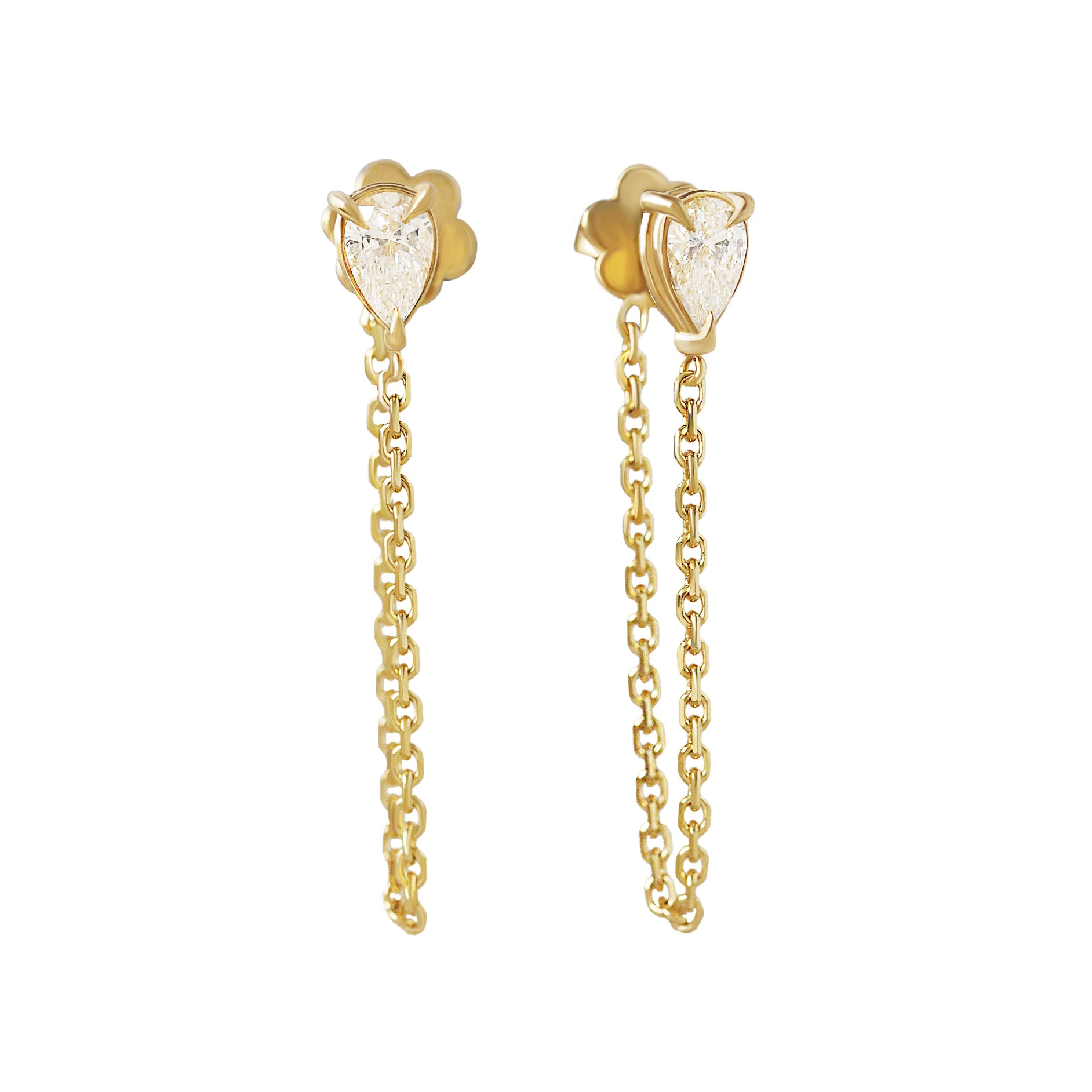 Pear Diamond Chain Drop Earrings, pear diamond earrings, stud earrings, chain drop earrings, everyday earrings
