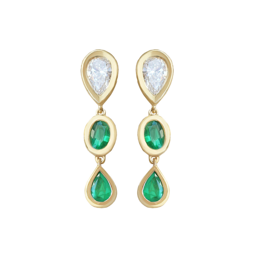 Pear Diamond and Emerald Bezel Set Long Drop Earrings, pear shape , diamond, emerlad, drop earrings, bezel setting