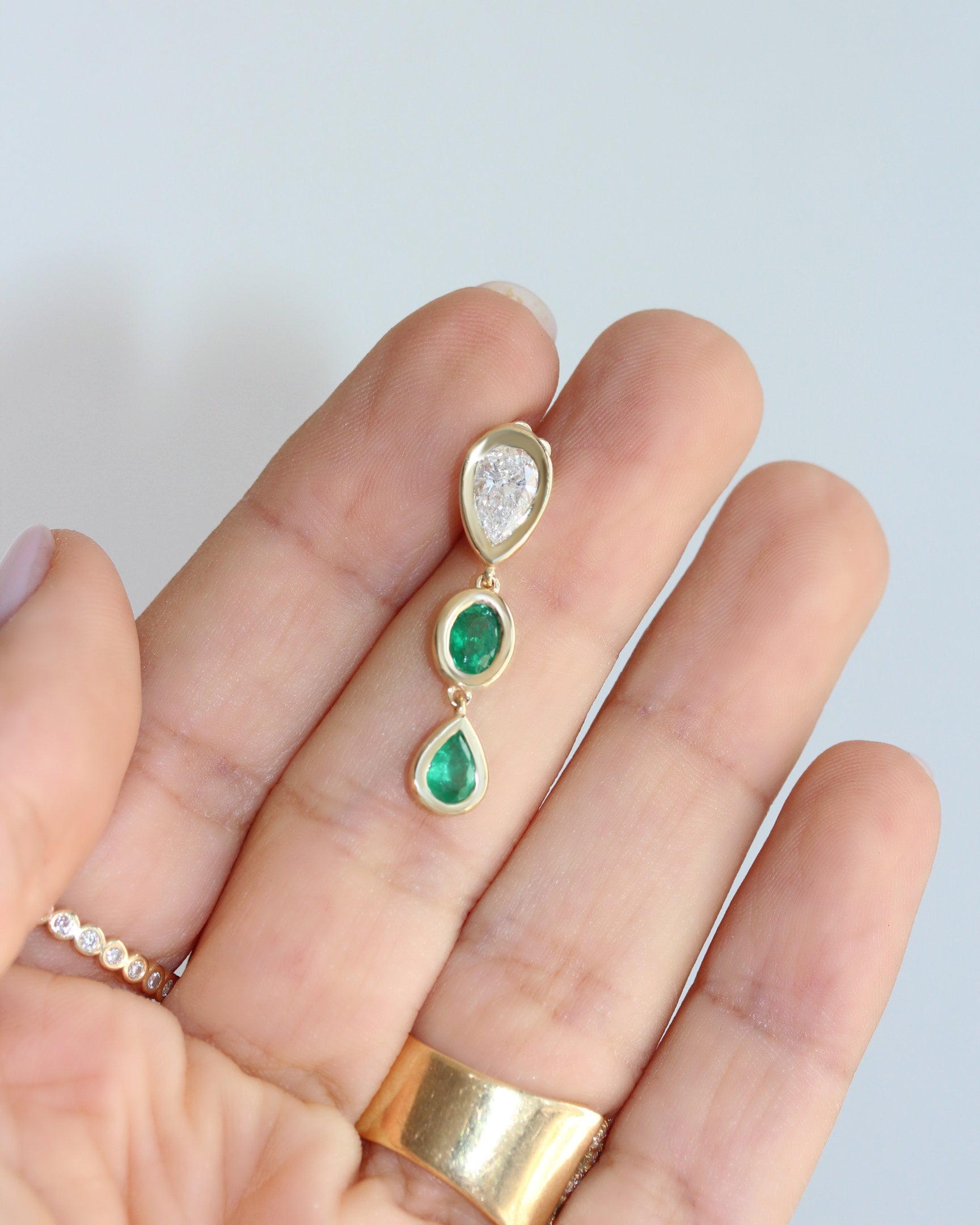 Pear Diamond and Emerald Bezel Set Long Drop Earrings, pear shape , diamond, emerlad, drop earrings, bezel setting