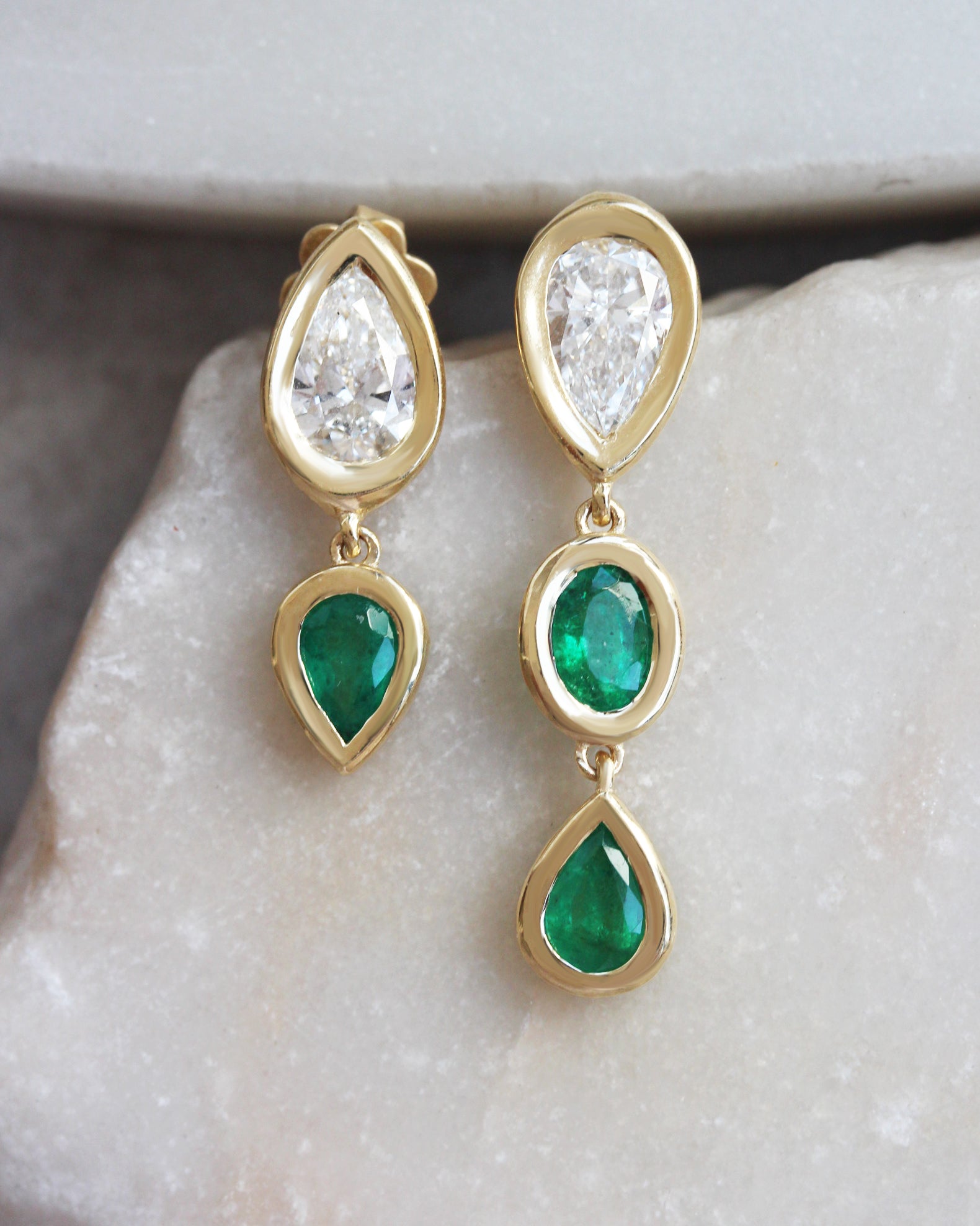 Pear Diamond and Emerald Bezel Set Long Drop Earrings, pear shape , diamond, emerlad, drop earrings, bezel setting