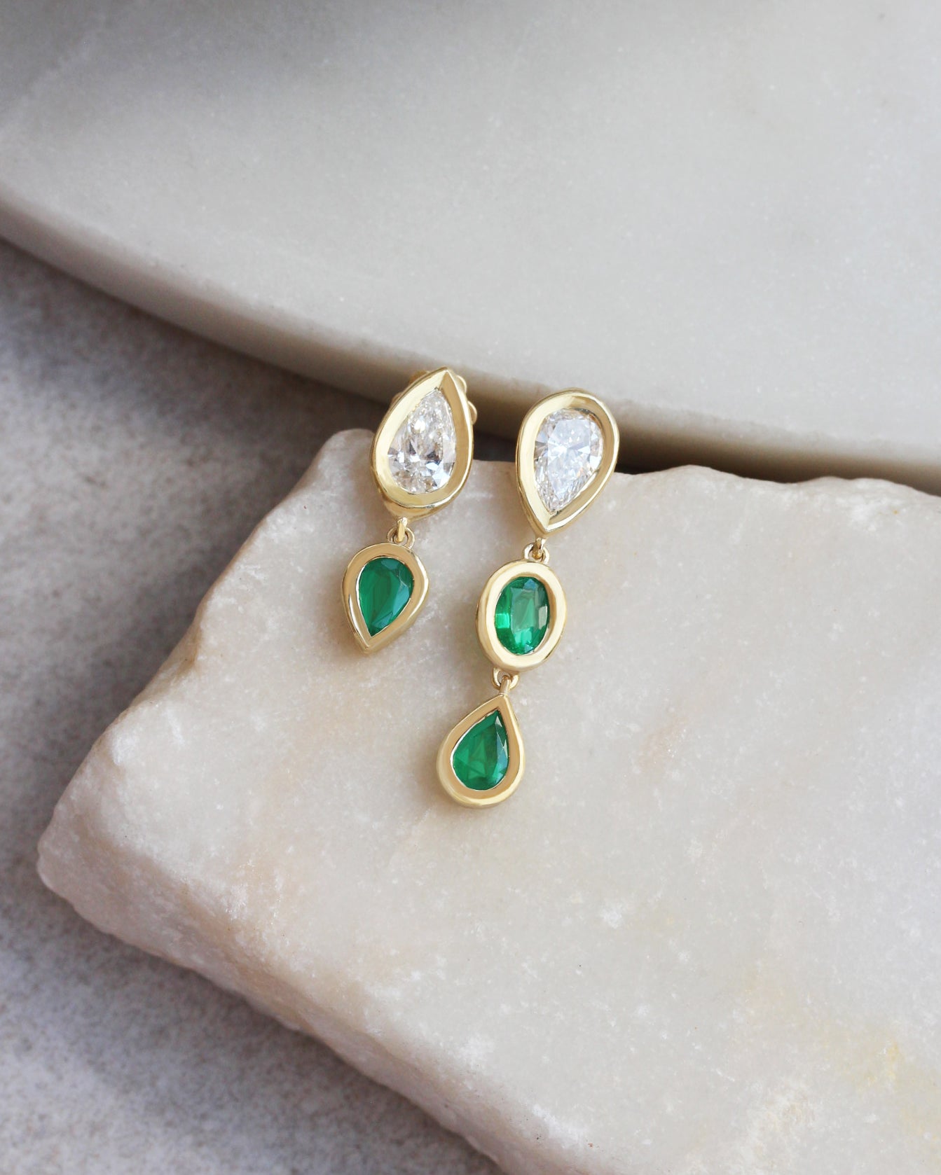 Pear Diamond and Emerald Bezel Set Long Drop Earrings, pear shape , diamond, emerlad, drop earrings, bezel setting