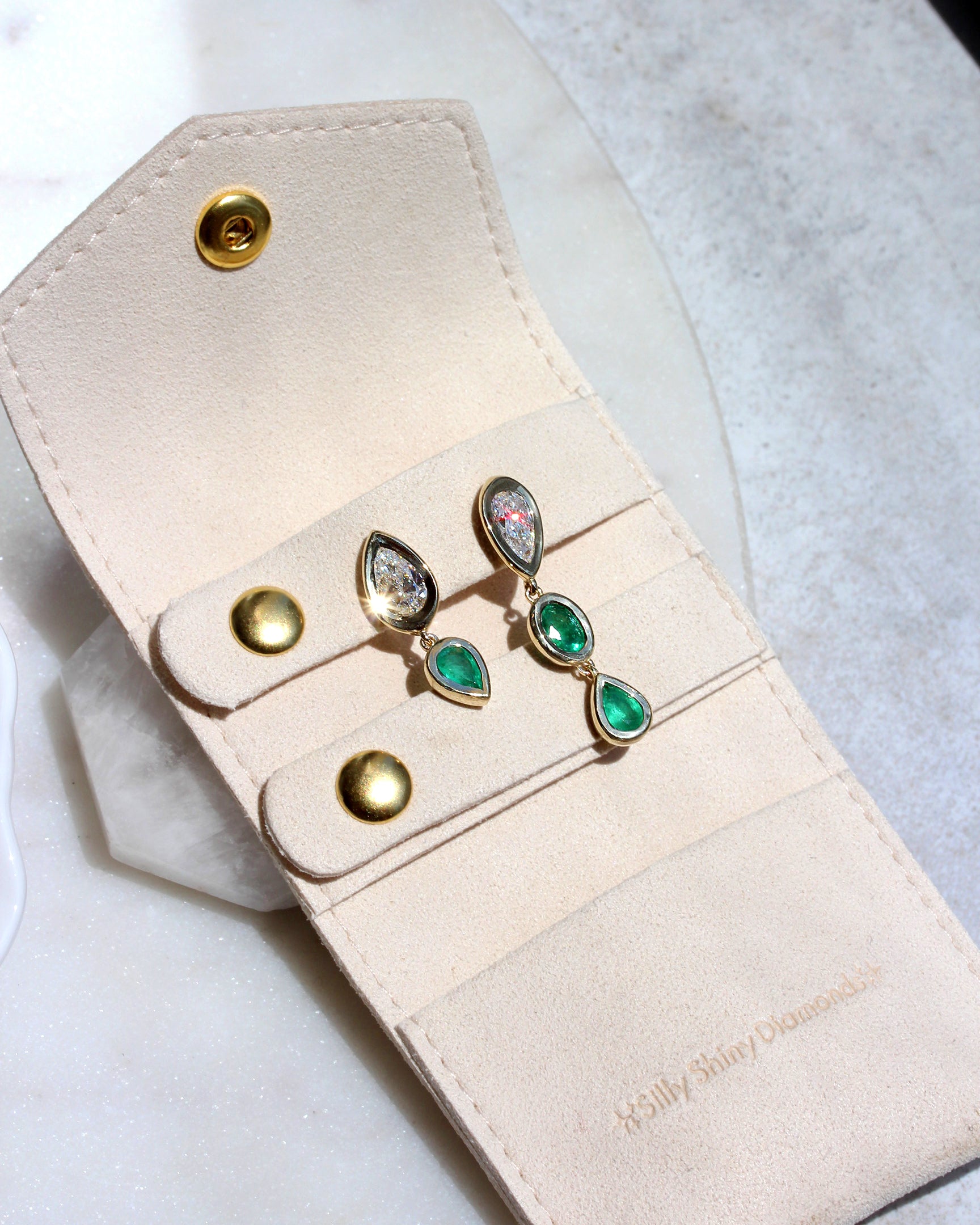 Pear Diamond and Emerald Bezel Set Long Drop Earrings, pear shape , diamond, emerlad, drop earrings, bezel setting