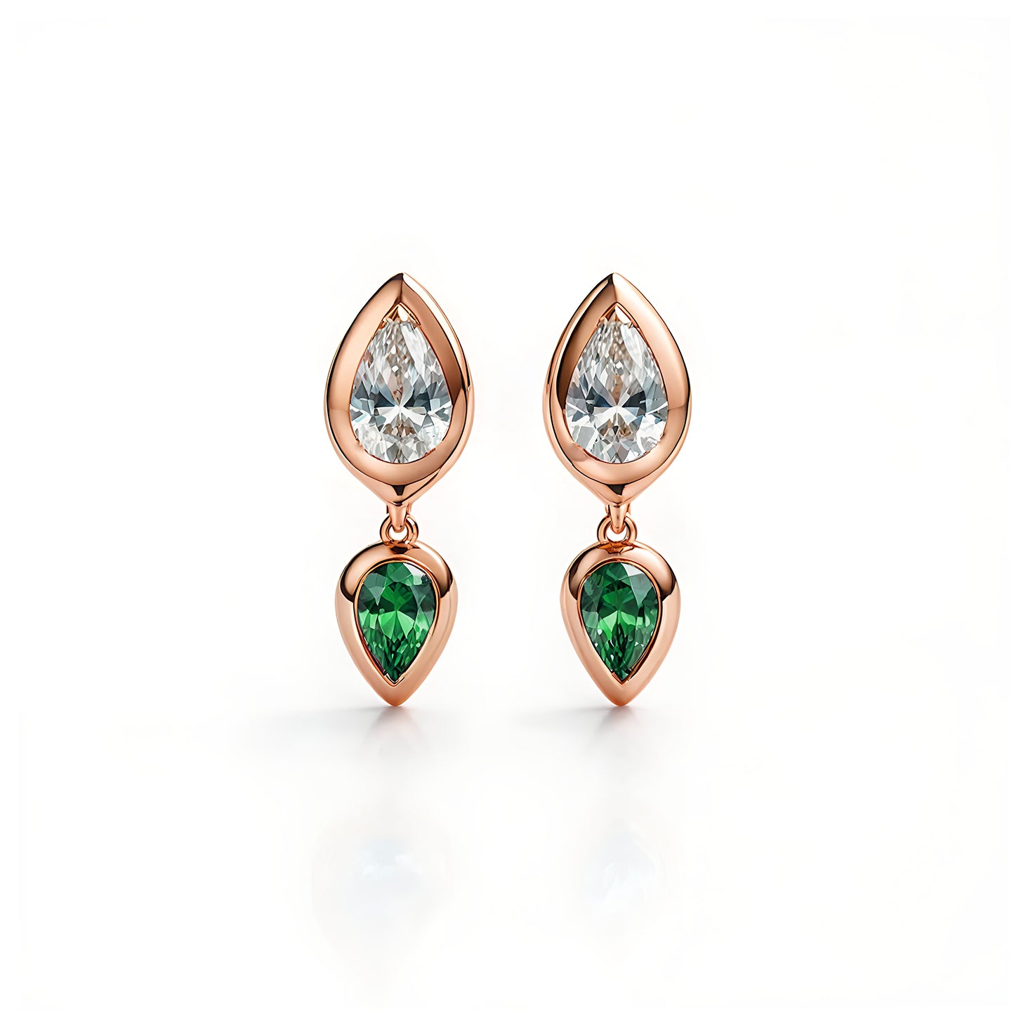 Pear Diamond and Emerald Bezel Set Short Drop Earrings, pear shape , diamond, emerlad, drop earrings, bezel setting