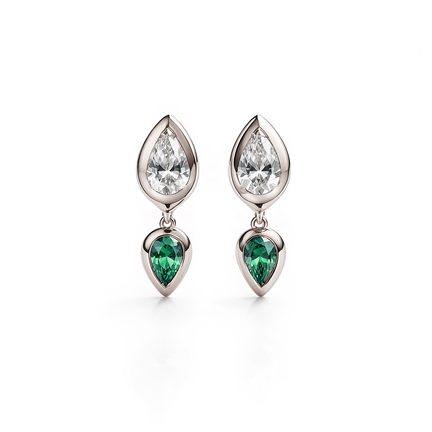 Pear Diamond and Emerald Bezel Set Short Drop Earrings, pear shape , diamond, emerlad, drop earrings, bezel setting