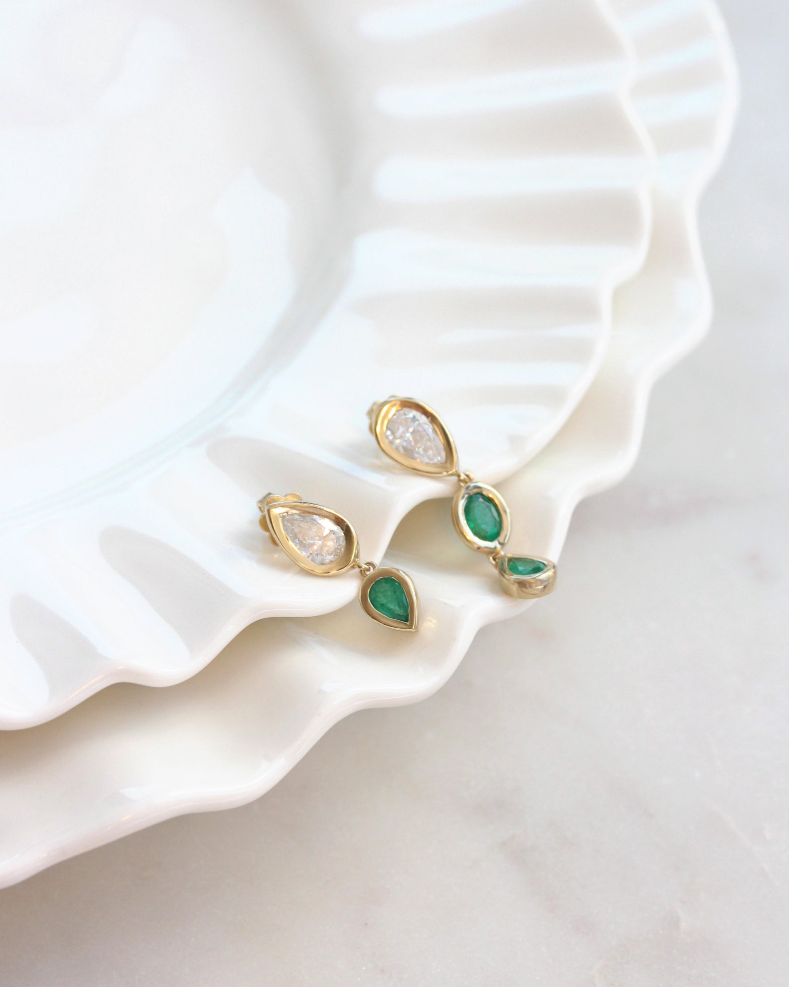 Pear Diamond and Emerald Bezel Set Short Drop Earrings, pear shape , diamond, emerlad, drop earrings, bezel setting