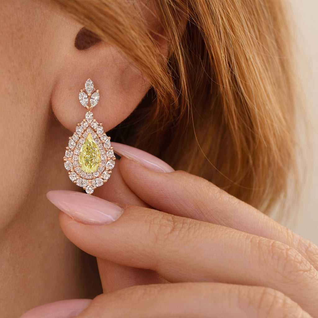 Pear Shape Canary Yellow Diamond, Double Halo Earrings High Jewelry - Victoria, statement diamond earrings, dangle, drop, long earrings, high jewelry, luxury necklace, yellow pear diamond, canary diamond, anniversary gift