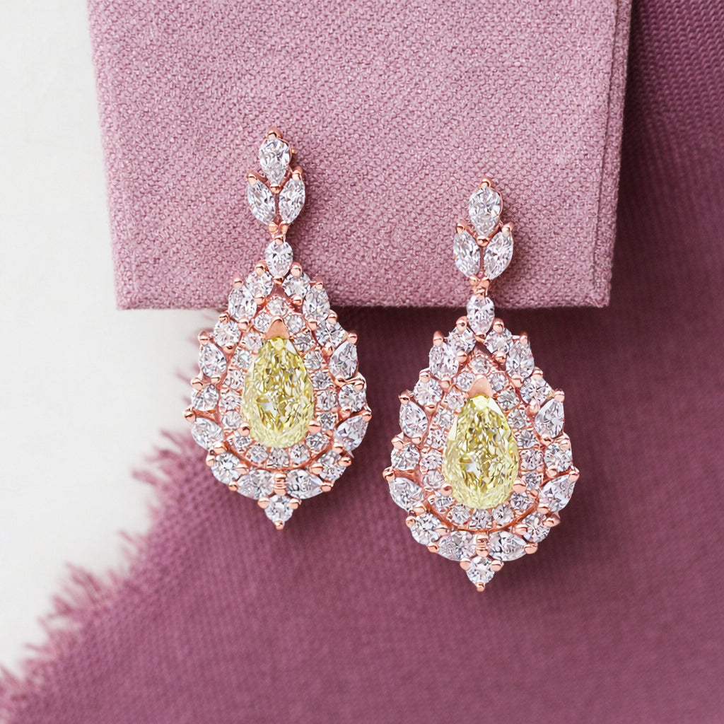 Pear Shape Canary Yellow Diamond, Double Halo Earrings High Jewelry - Victoria, statement diamond earrings, dangle, drop, long earrings, high jewelry, luxury necklace, yellow pear diamond, canary diamond, anniversary gift