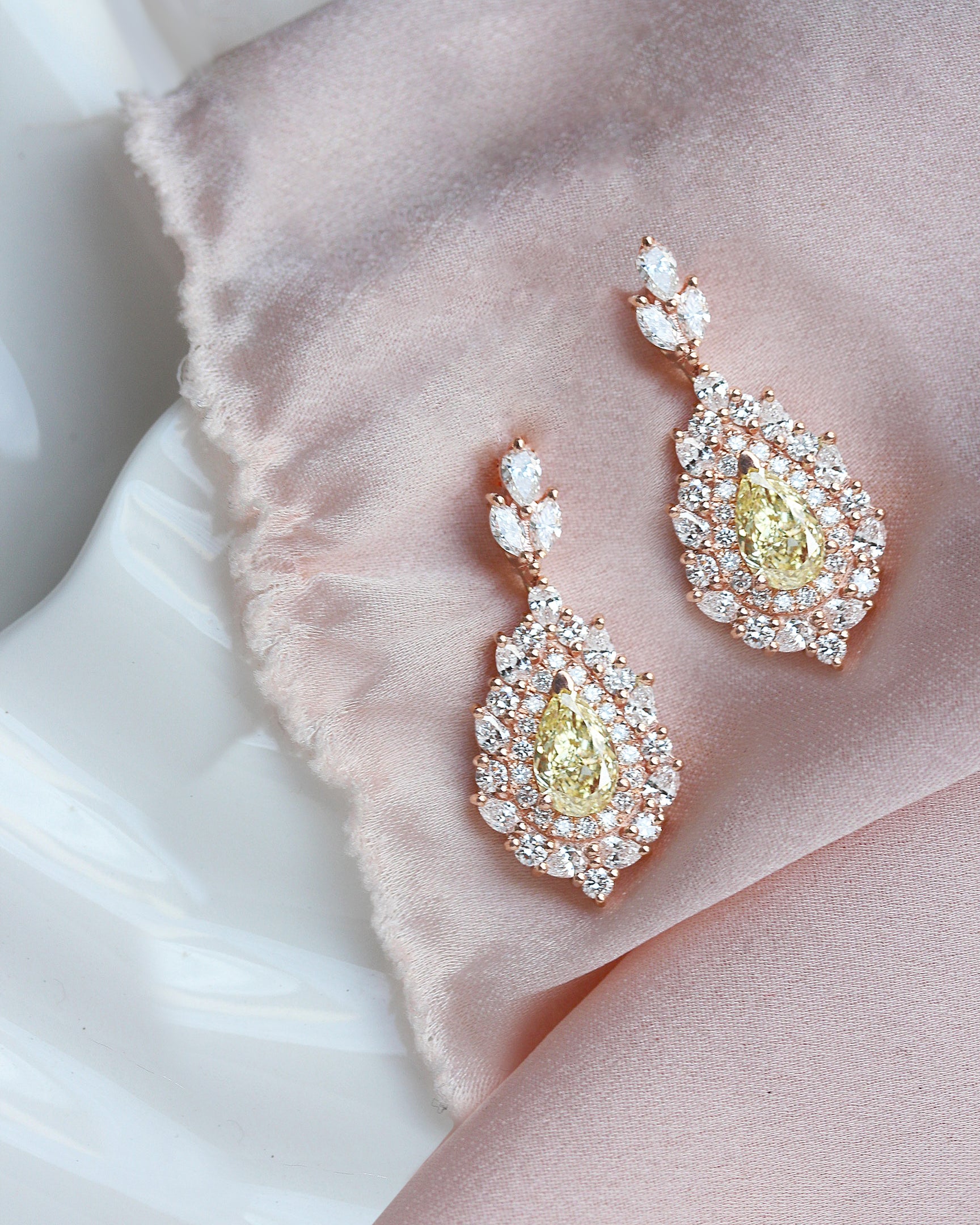 Pear Shape Canary Yellow Diamond, Double Halo Earrings High Jewelry - Victoria, statement diamond earrings, dangle, drop, long earrings, high jewelry, luxury necklace, yellow pear diamond, canary diamond, anniversary gift