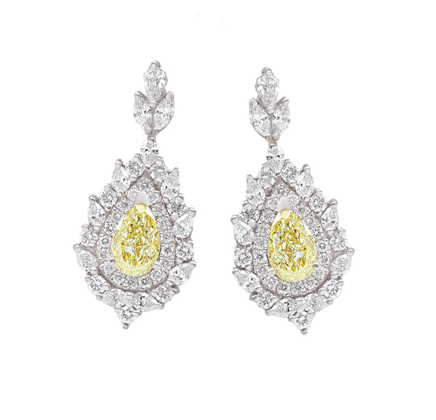 Pear Shape Canary Yellow Diamond, Double Halo Earrings High Jewelry - Victoria, statement diamond earrings, dangle, drop, long earrings, high jewelry, luxury necklace, yellow pear diamond, canary diamond, anniversary gift