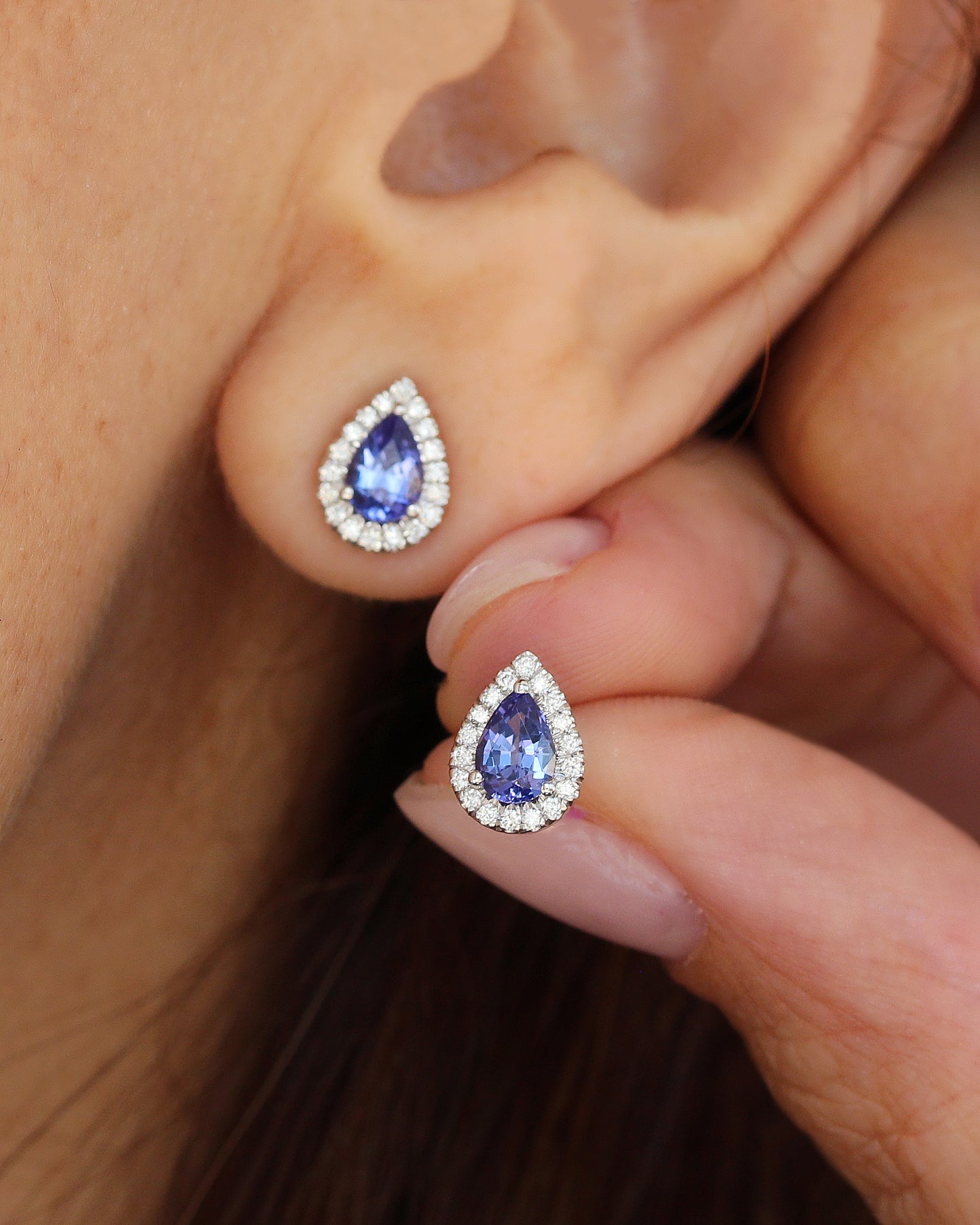 Pear Tanzanite Diamond Halo Stud Earrings, pear shape tanzanite, diamond halo, stud earrings, gemstone stud earrings, alpha backs