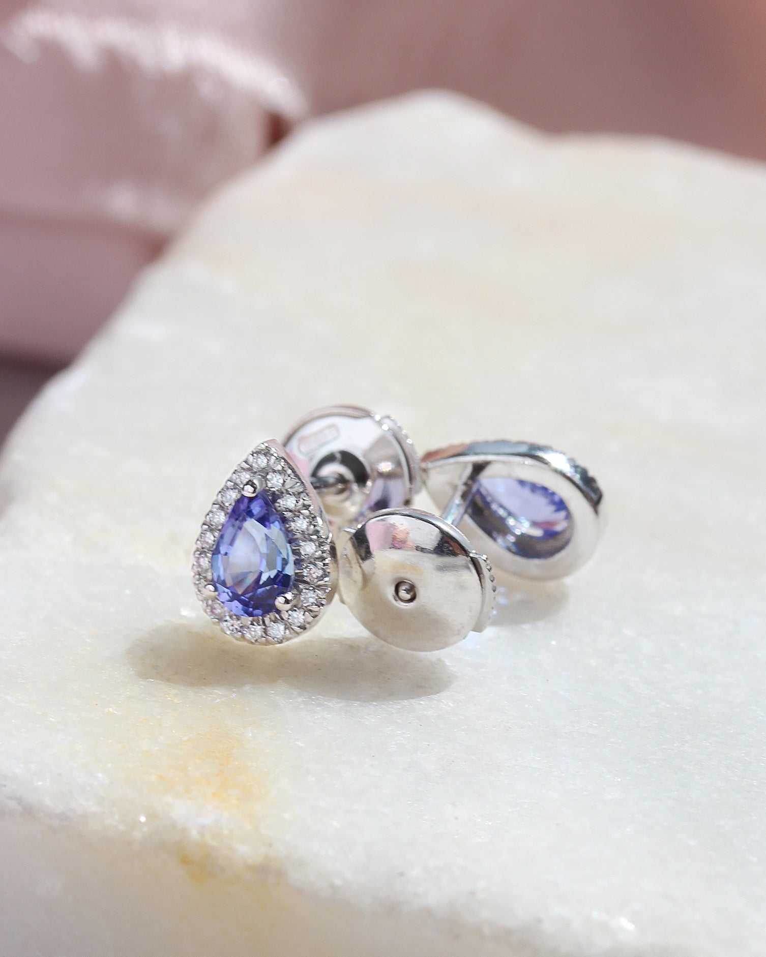 Pear Tanzanite Diamond Halo Stud Earrings, pear shape tanzanite, diamond halo, stud earrings, gemstone stud earrings, alpha backs