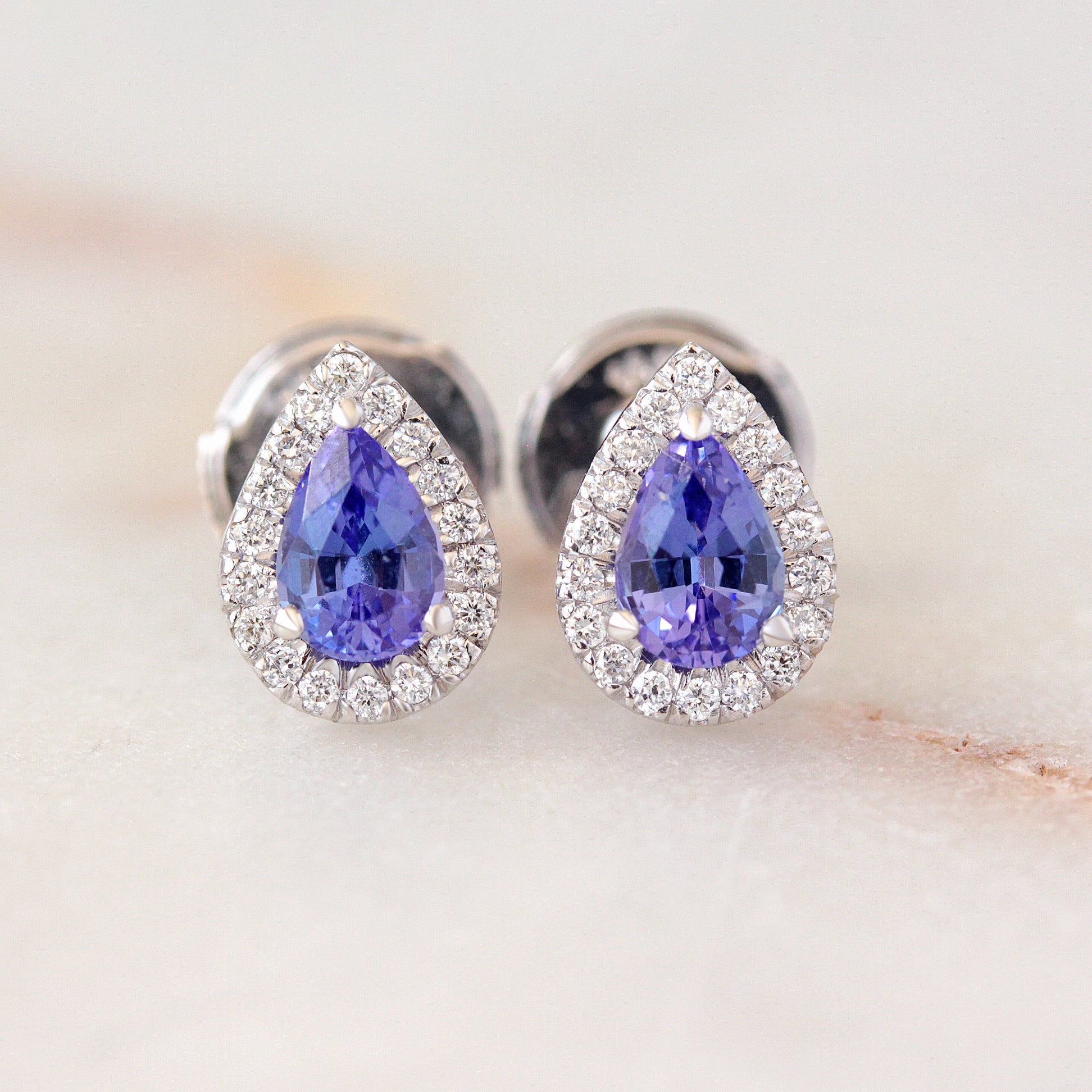 Pear Tanzanite Diamond Halo Stud Earrings, pear shape tanzanite, diamond halo, stud earrings, gemstone stud earrings, alpha backs