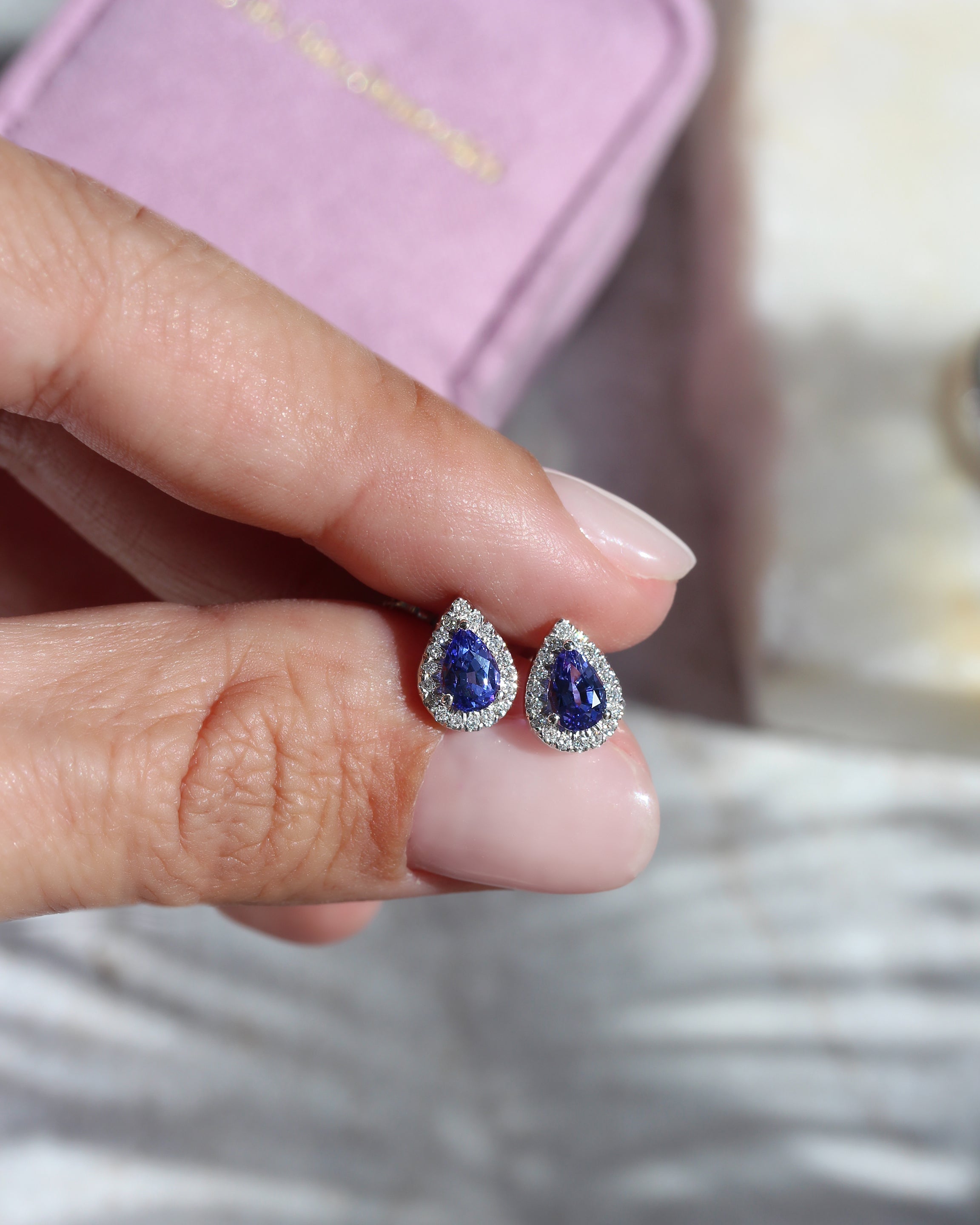 Pear Tanzanite Diamond Halo Stud Earrings, pear shape tanzanite, diamond halo, stud earrings, gemstone stud earrings, alpha backs