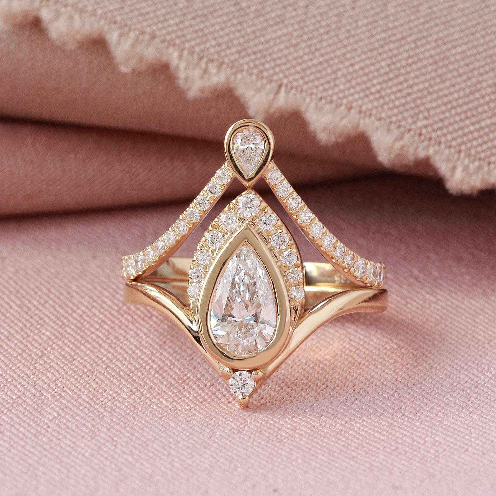 Pear Diamond Bezel Unique Engagement Ring Set- Atyasha and Lina
