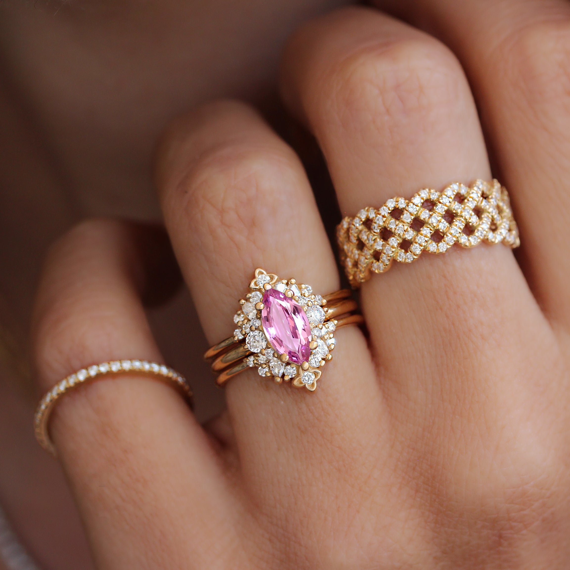 Marquise Pink Sapphire Diamonds Detailed Engagement Ring “Isabella” with Orchid Ring Guard ♥