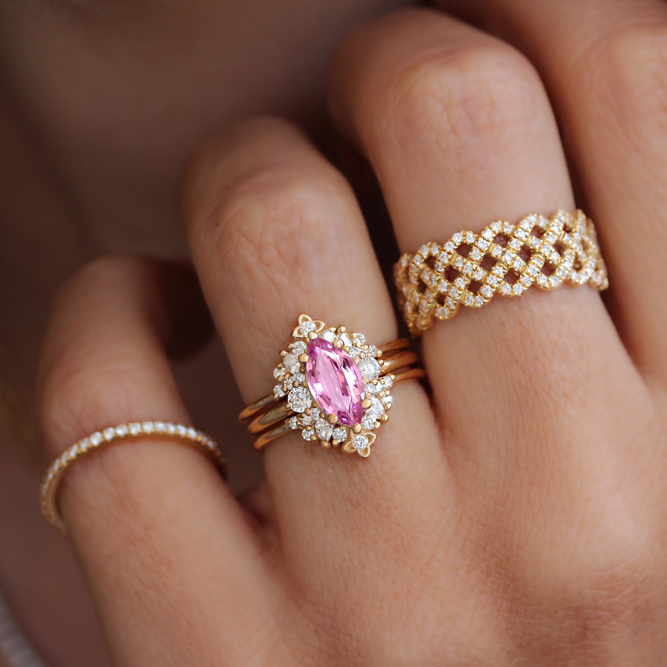 Marquise pink sapphire diamonds detailed engagement ring “Isabella” with Orchid ring guard ♥