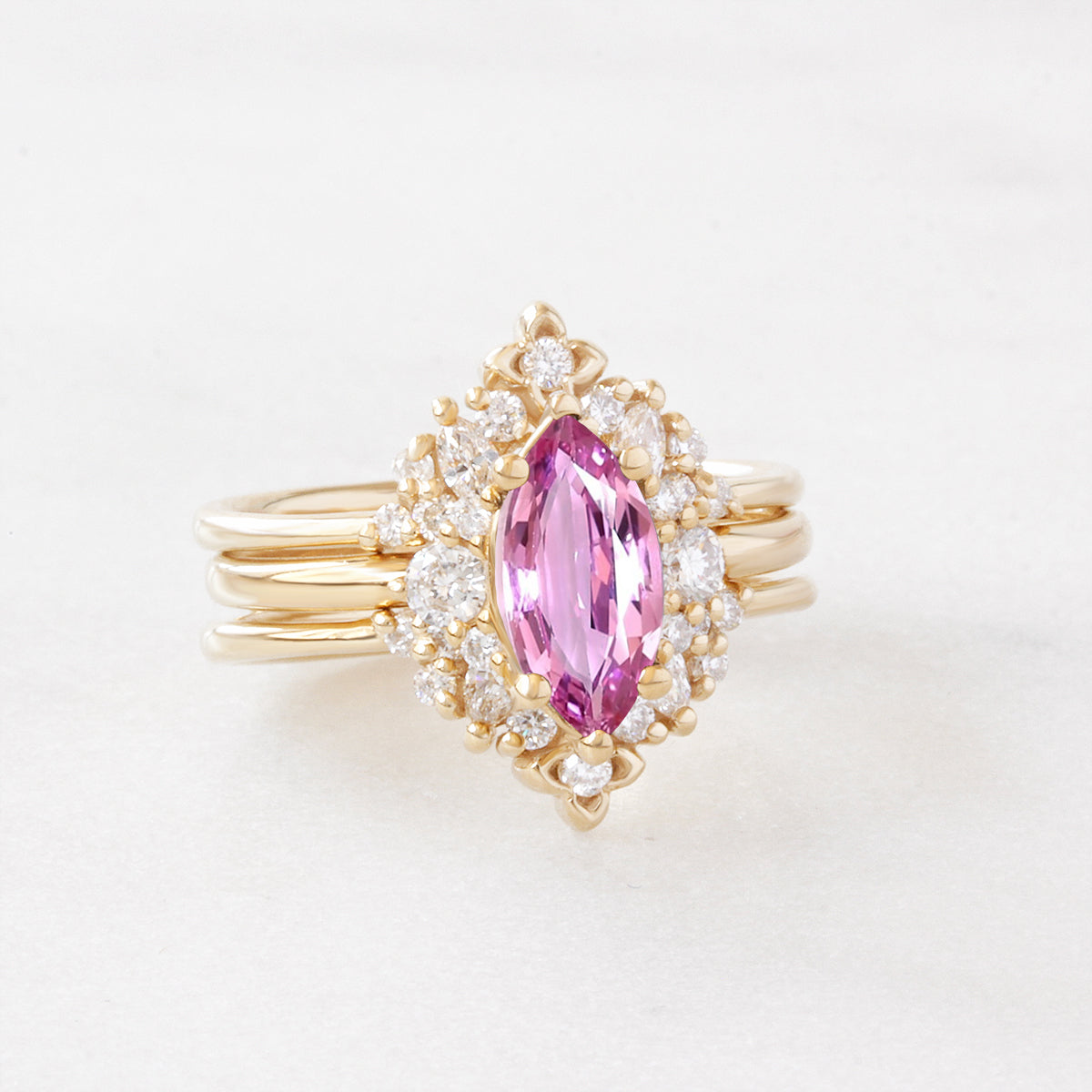 Marquise Pink Sapphire Diamonds Detailed Engagement Ring “Isabella” with Orchid Ring Guard ♥