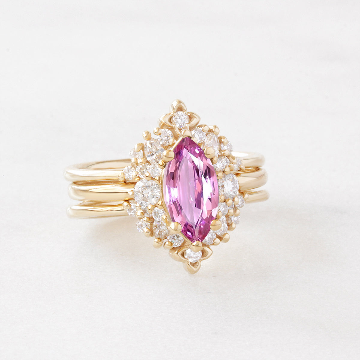 Marquise pink sapphire diamonds detailed engagement ring “Isabella” with Orchid ring guard ♥