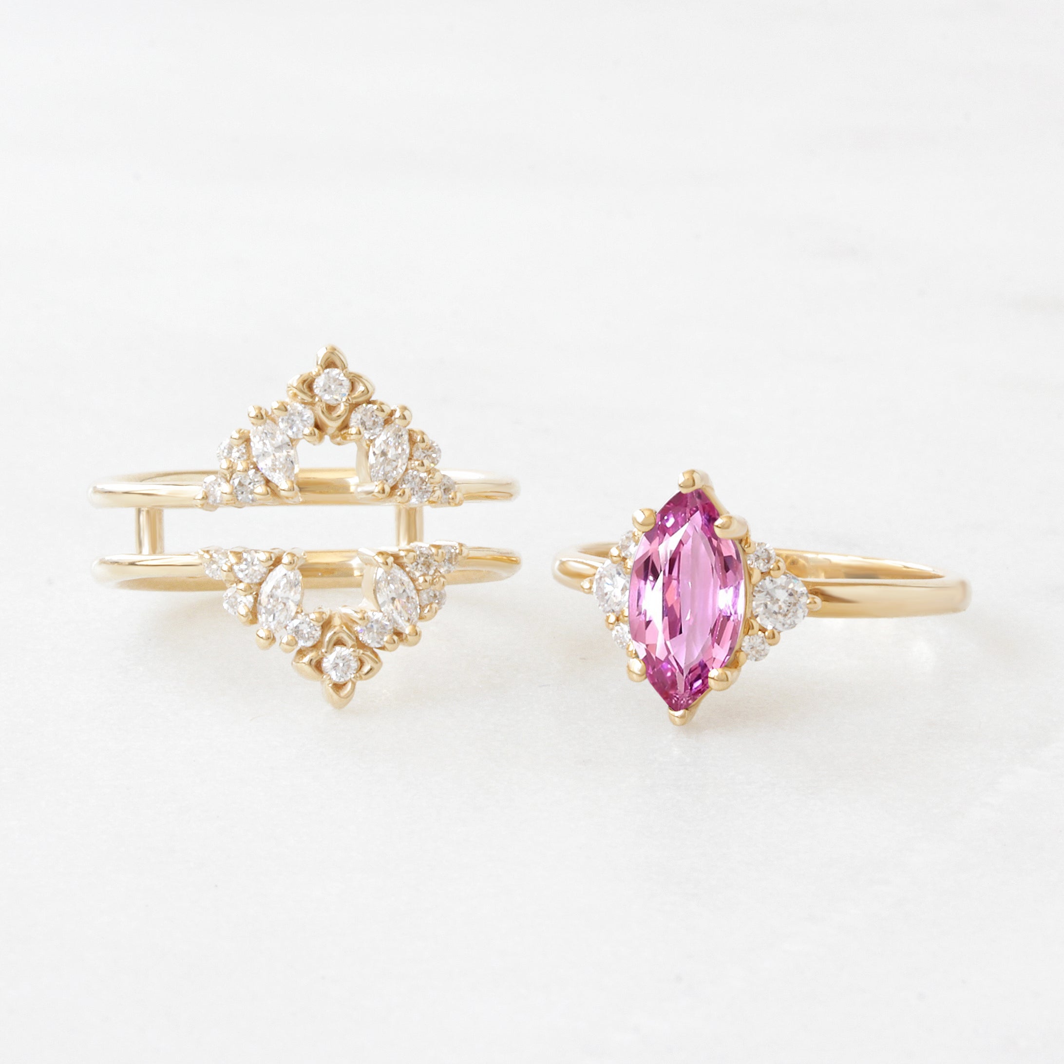 Marquise Pink Sapphire Diamonds Detailed Engagement Ring “Isabella” with Orchid Ring Guard ♥