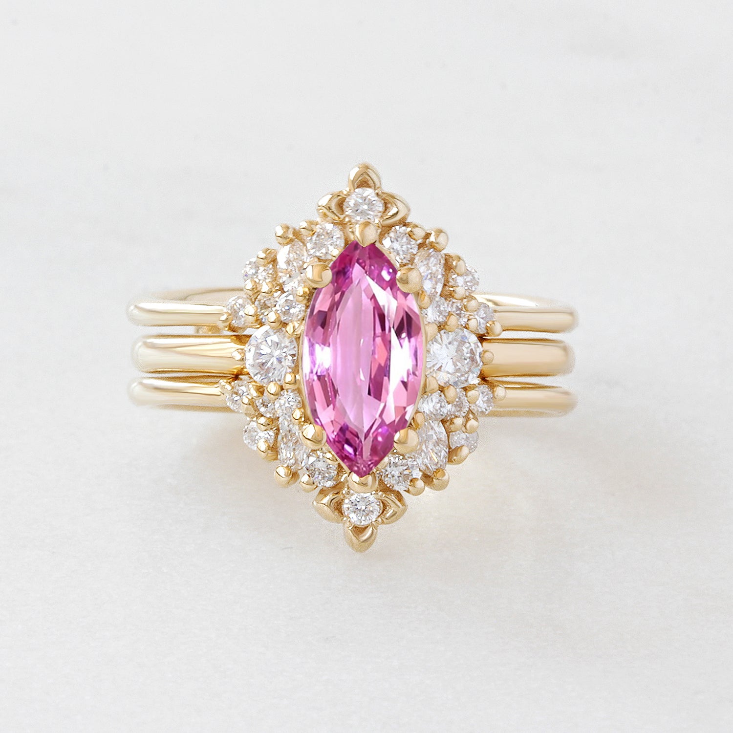 Marquise Pink Sapphire Diamonds Detailed Engagement Ring “Isabella” with Orchid Ring Guard ♥