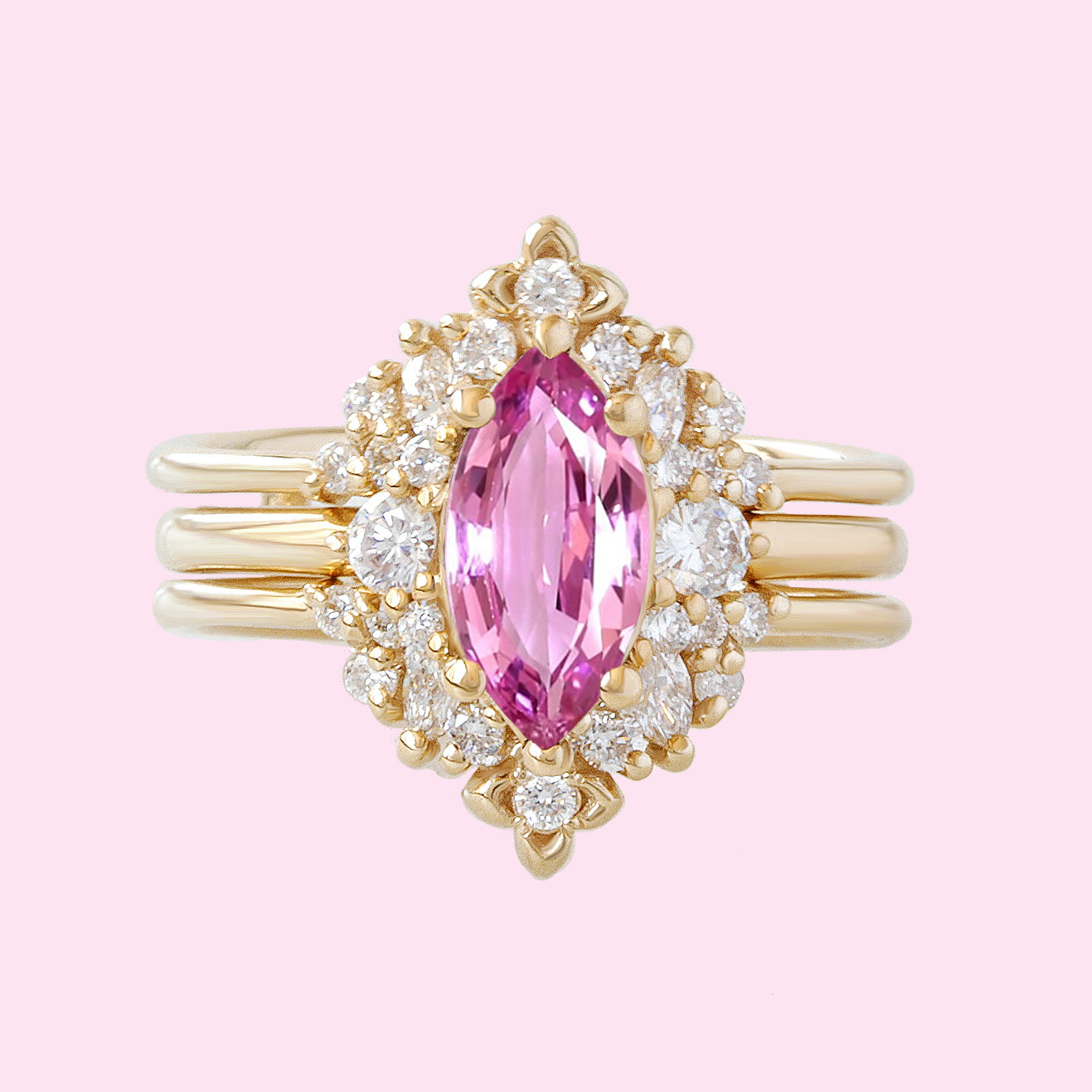 Marquise Pink Sapphire Diamonds Detailed Engagement Ring “Isabella” with Orchid Ring Guard ♥