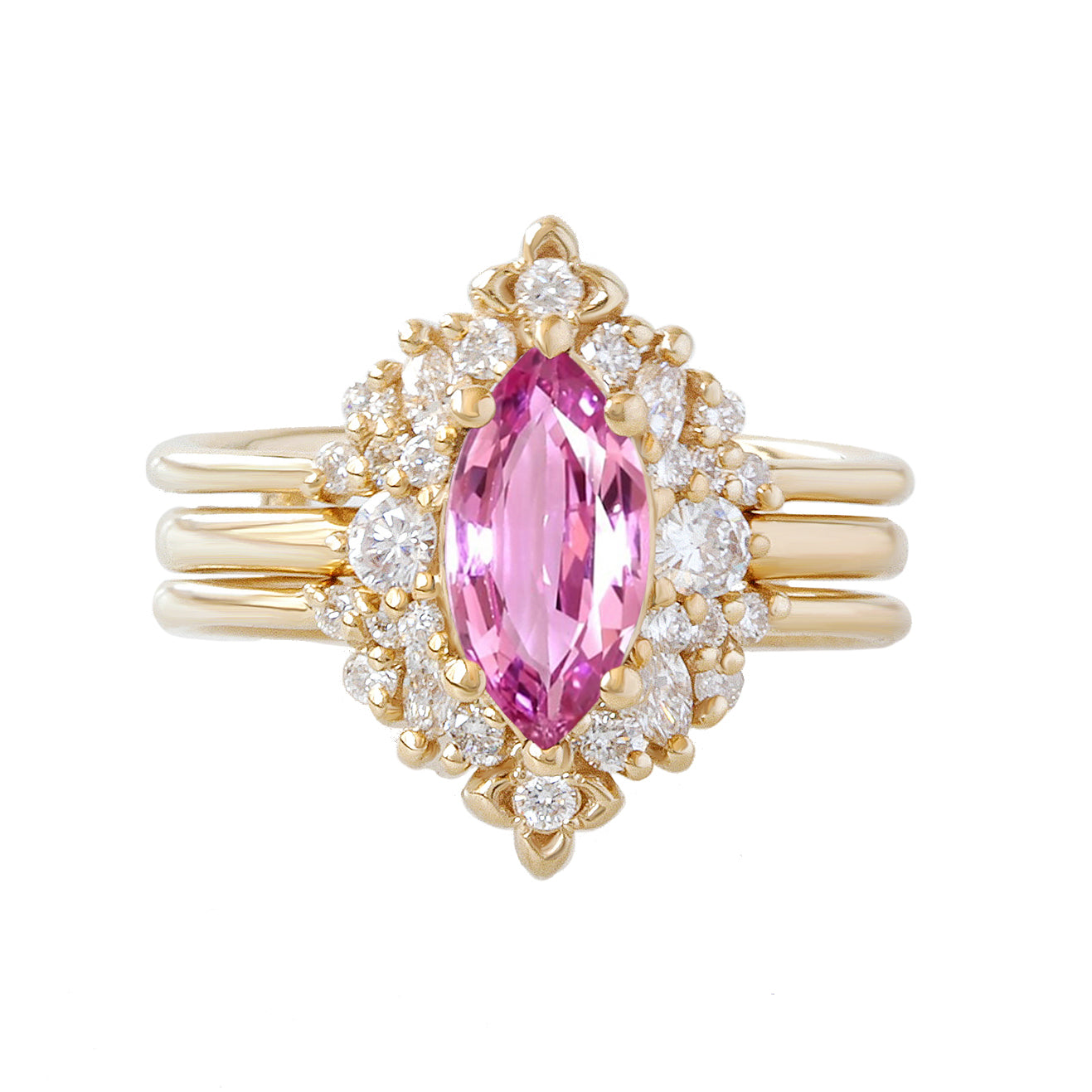Marquise Pink Sapphire Diamonds Detailed Engagement Ring “Isabella” with Orchid Ring Guard ♥