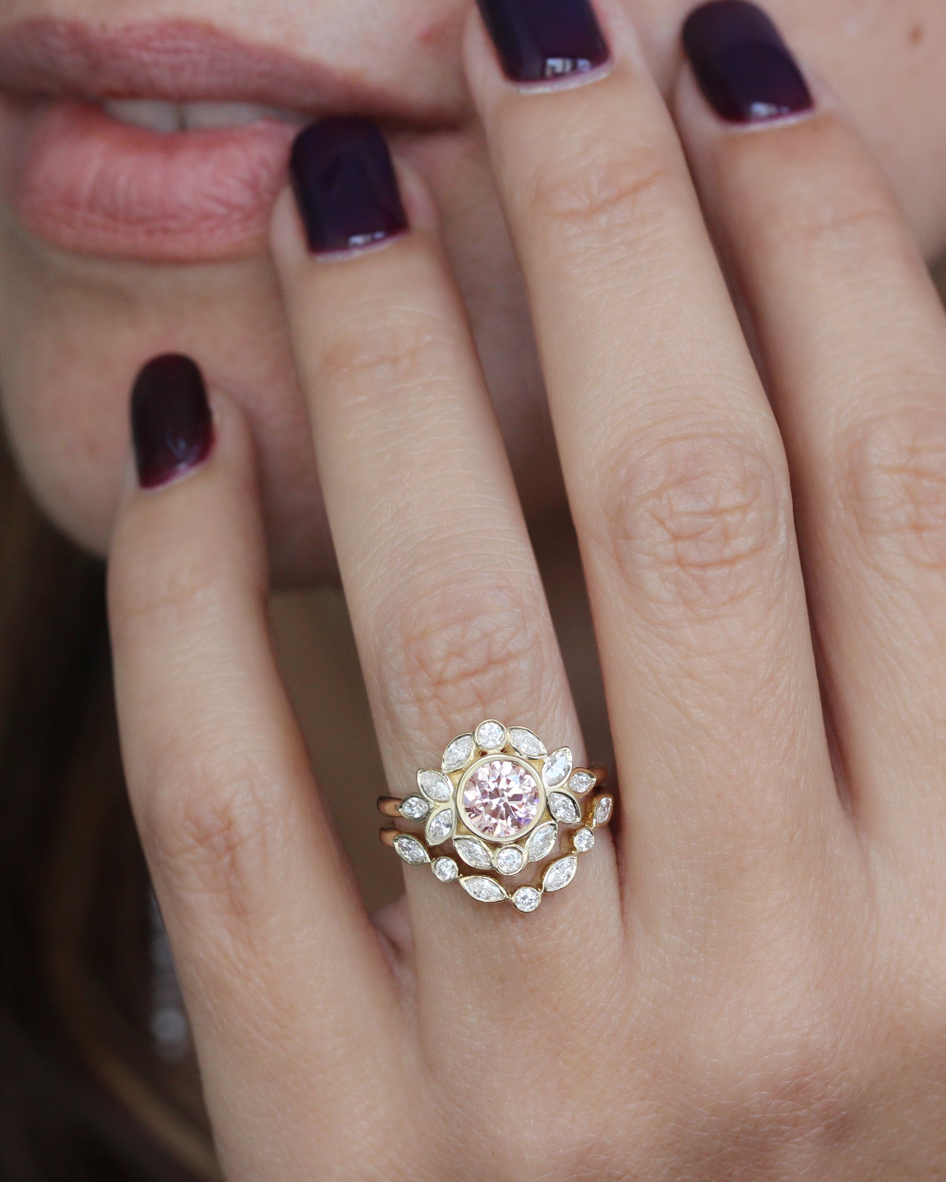 Pink Diamond Nature Inspired Engagement Ring with a Matching Nesting Ring Lily Emma - Two Ring Set