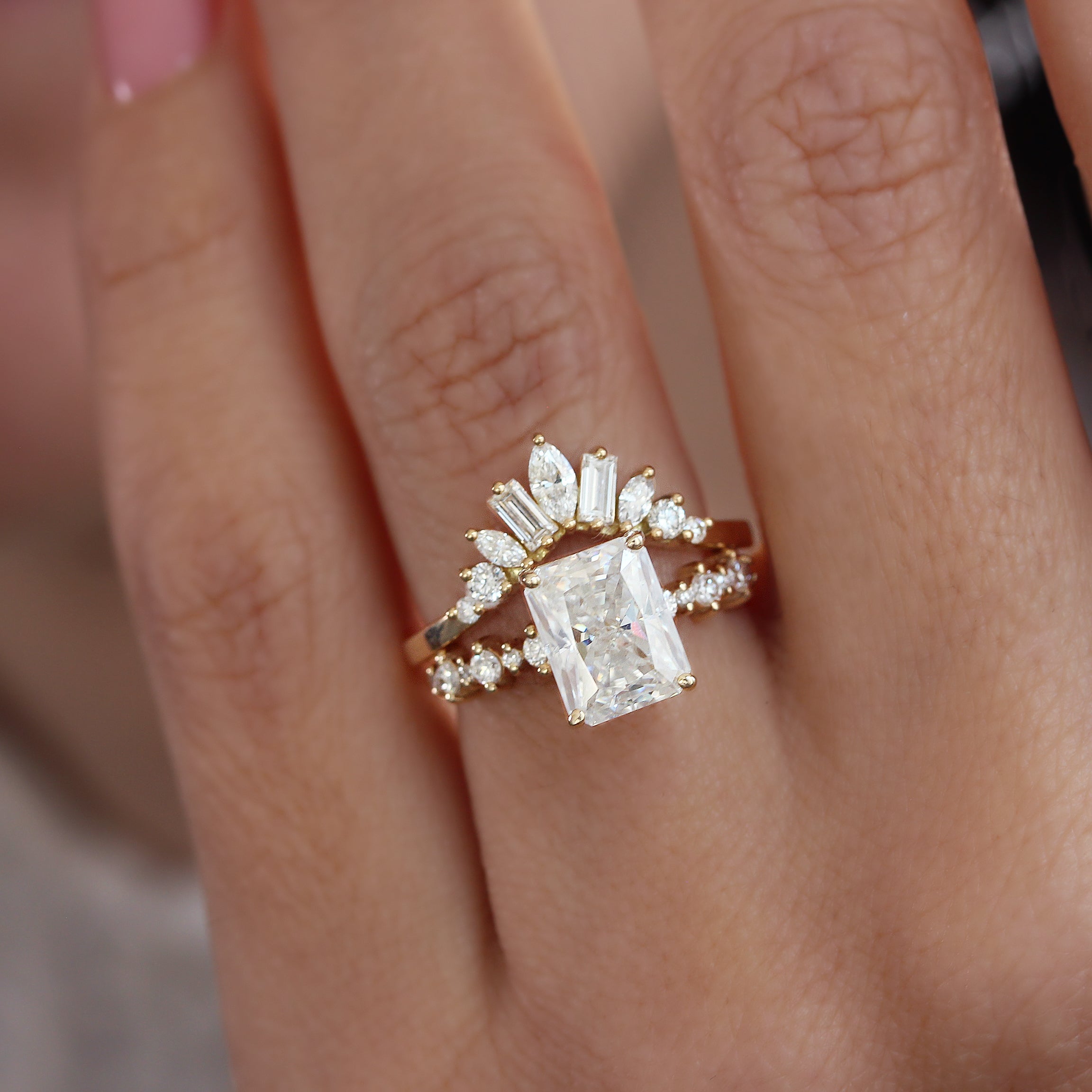 Bright Radiant / Emerald Diamond Engagement Ring With Matching Nesting Sideband, Bridal Ring Set - "Margo" & "Ally V"
