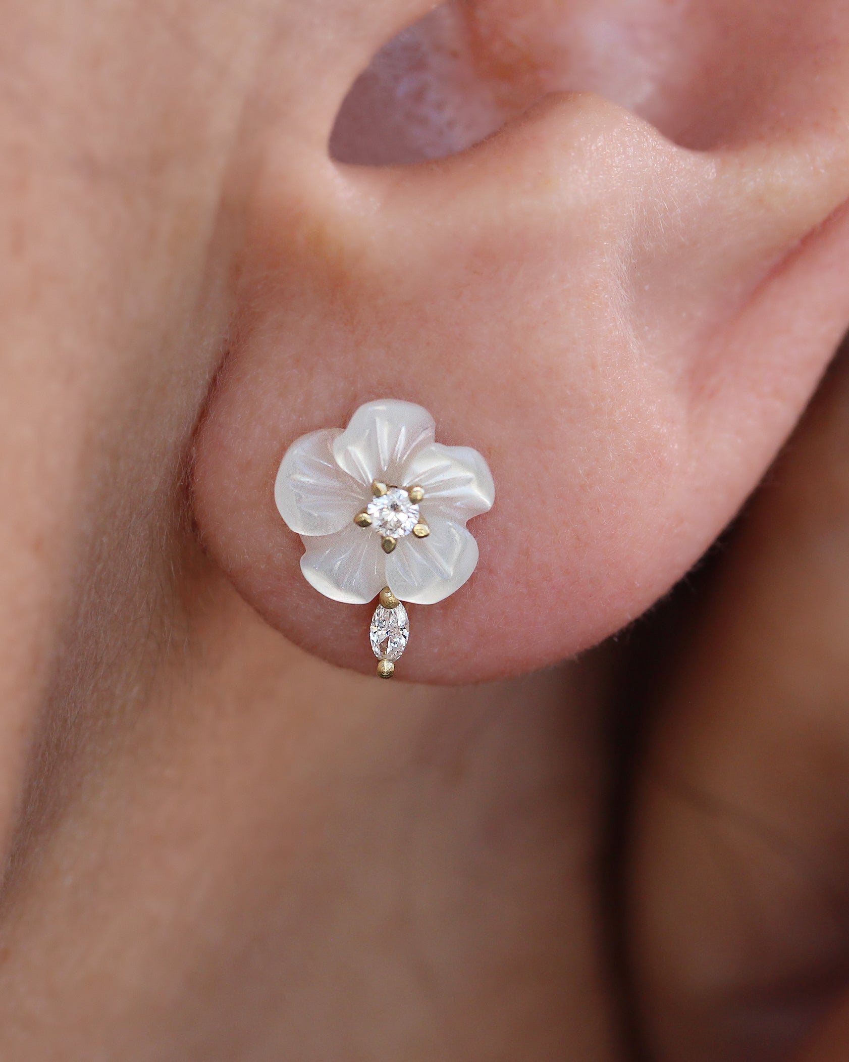 Small Pearl Flower Marqusie Diamond Stud Earring, Bridal Earrings