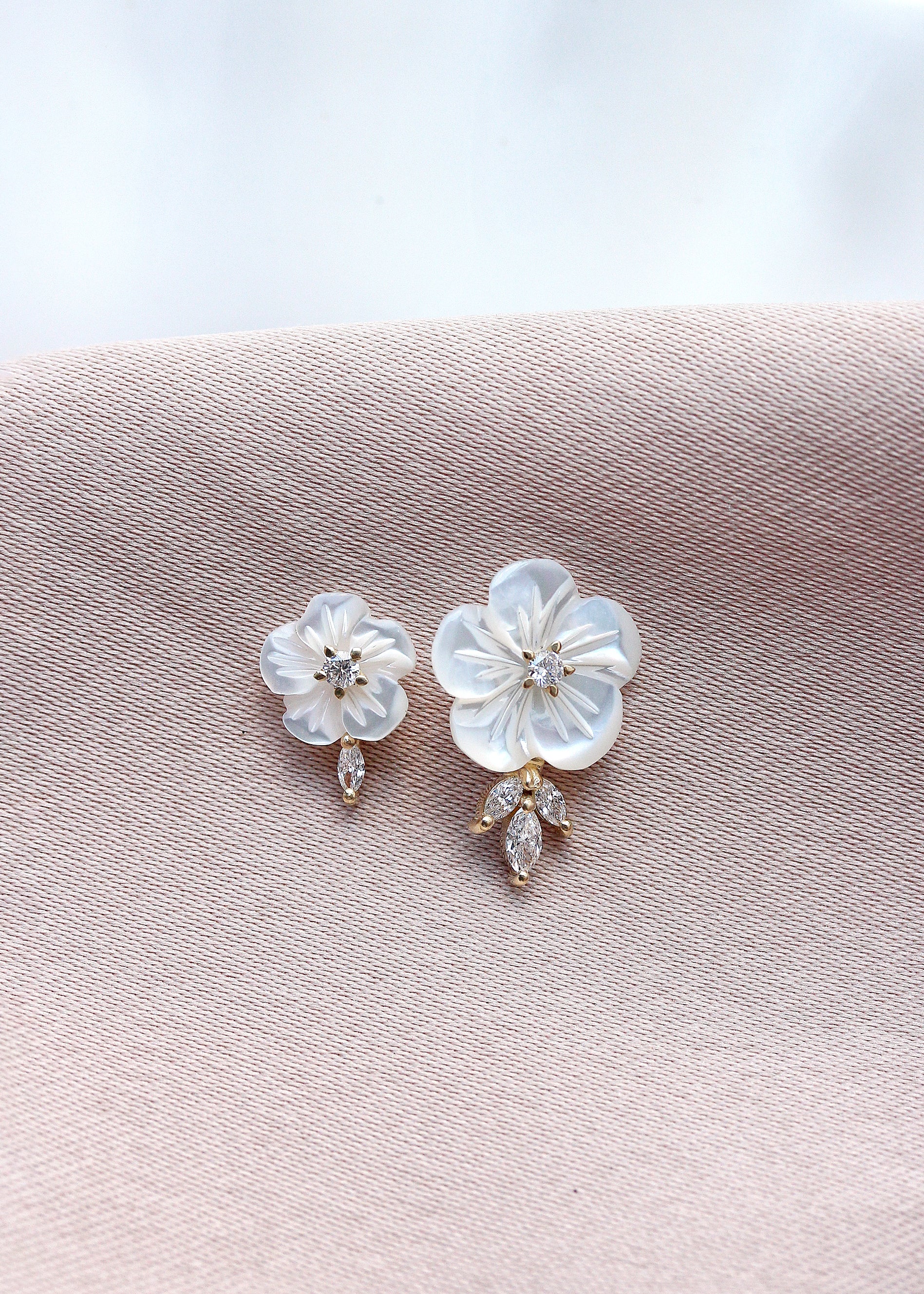 Small Pearl Flower Marqusie Diamond Stud Earring, Bridal Earrings