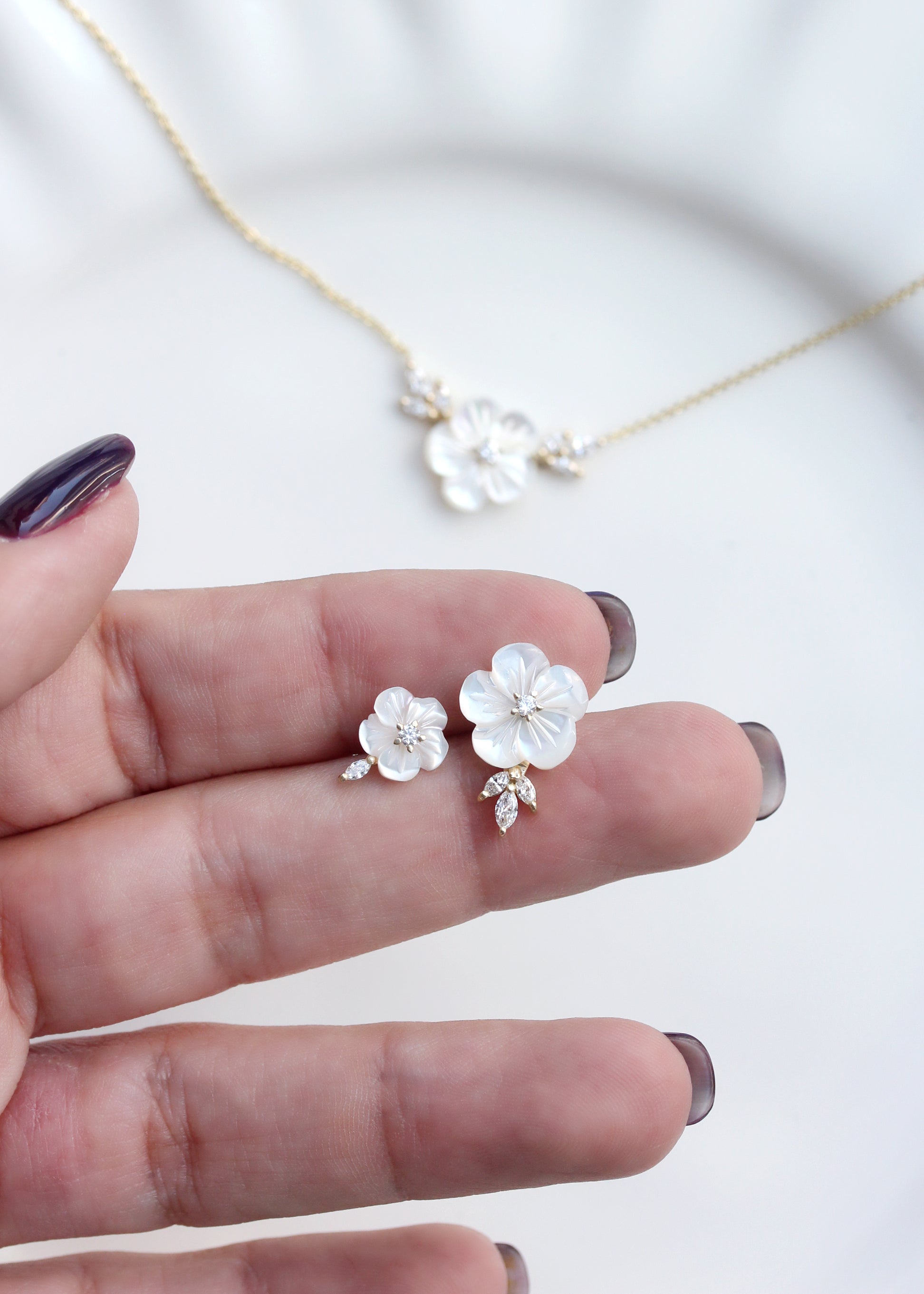 Small Pearl Flower Marqusie Diamond Stud Earring, Bridal Earrings