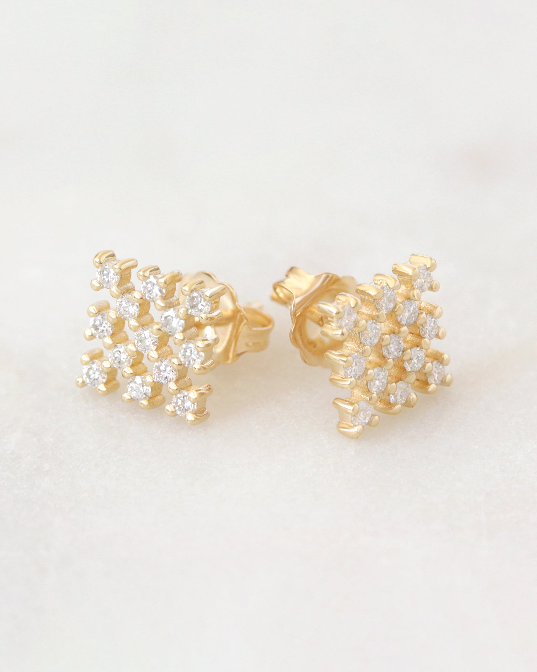 Square Chess Gold and Diamond Stud Earrings, chess gold cluster diamond stud earrings.