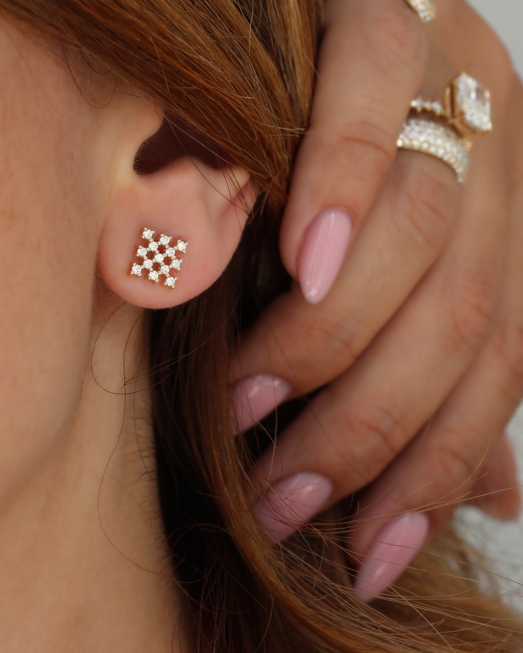 Square Chess Gold and Diamond Stud Earrings, chess gold cluster diamond stud earrings.