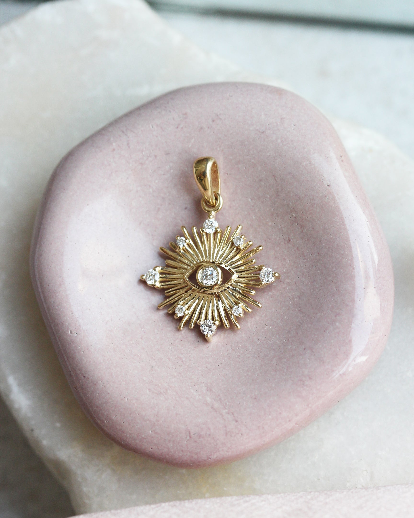Sun Star Evil Eye Pendant | Nine Diamond Evil Eye Necklace | 14K Gold Protection Amulet | Dainty Diamond Talisman | Sunburst Eye Charm, spiritual jewelry gift, protection necklace gold, evil eye talisman