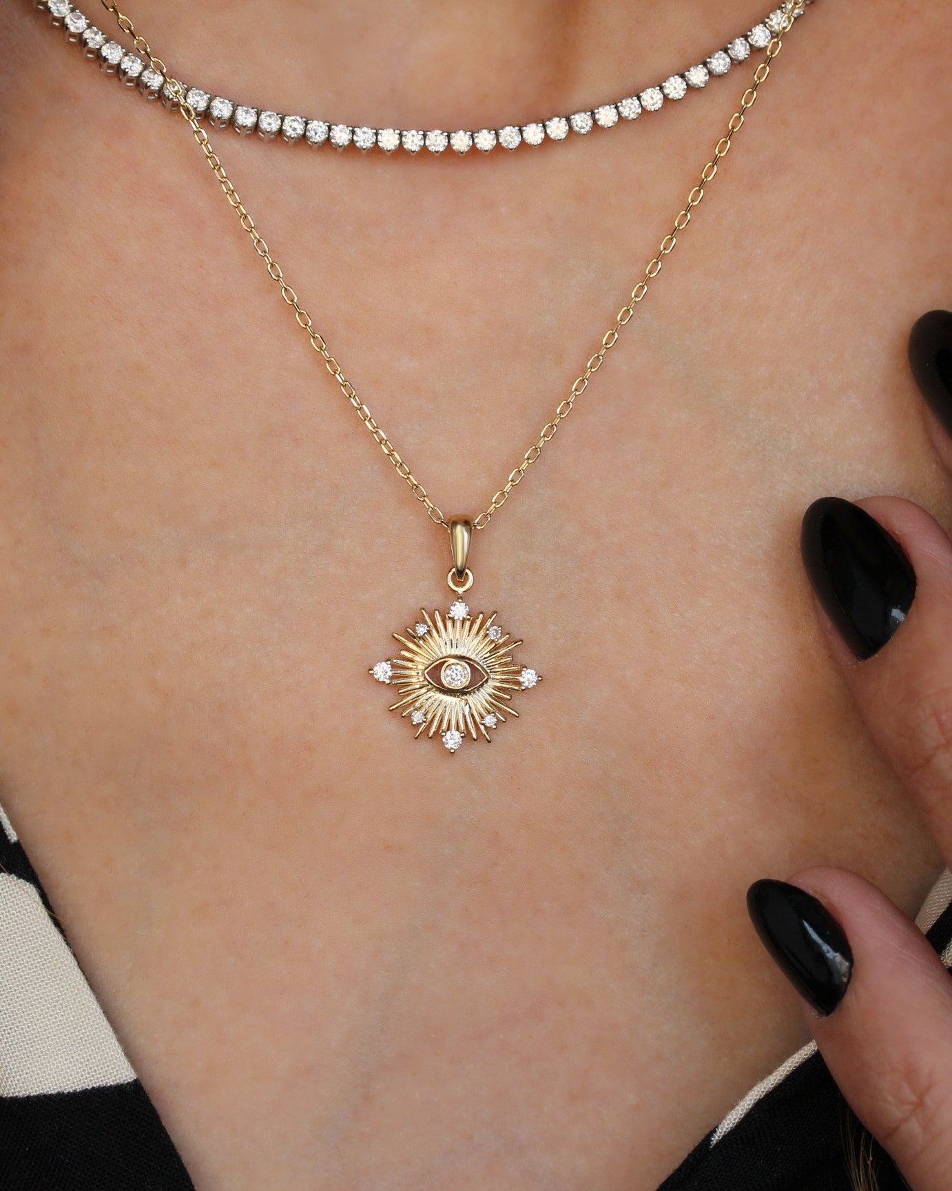 Sun Star Evil Eye Pendant | Nine Diamond Evil Eye Necklace | 14K Gold Protection Amulet | Dainty Diamond Talisman | Sunburst Eye Charm, spiritual jewelry gift, protection necklace gold, evil eye talisman