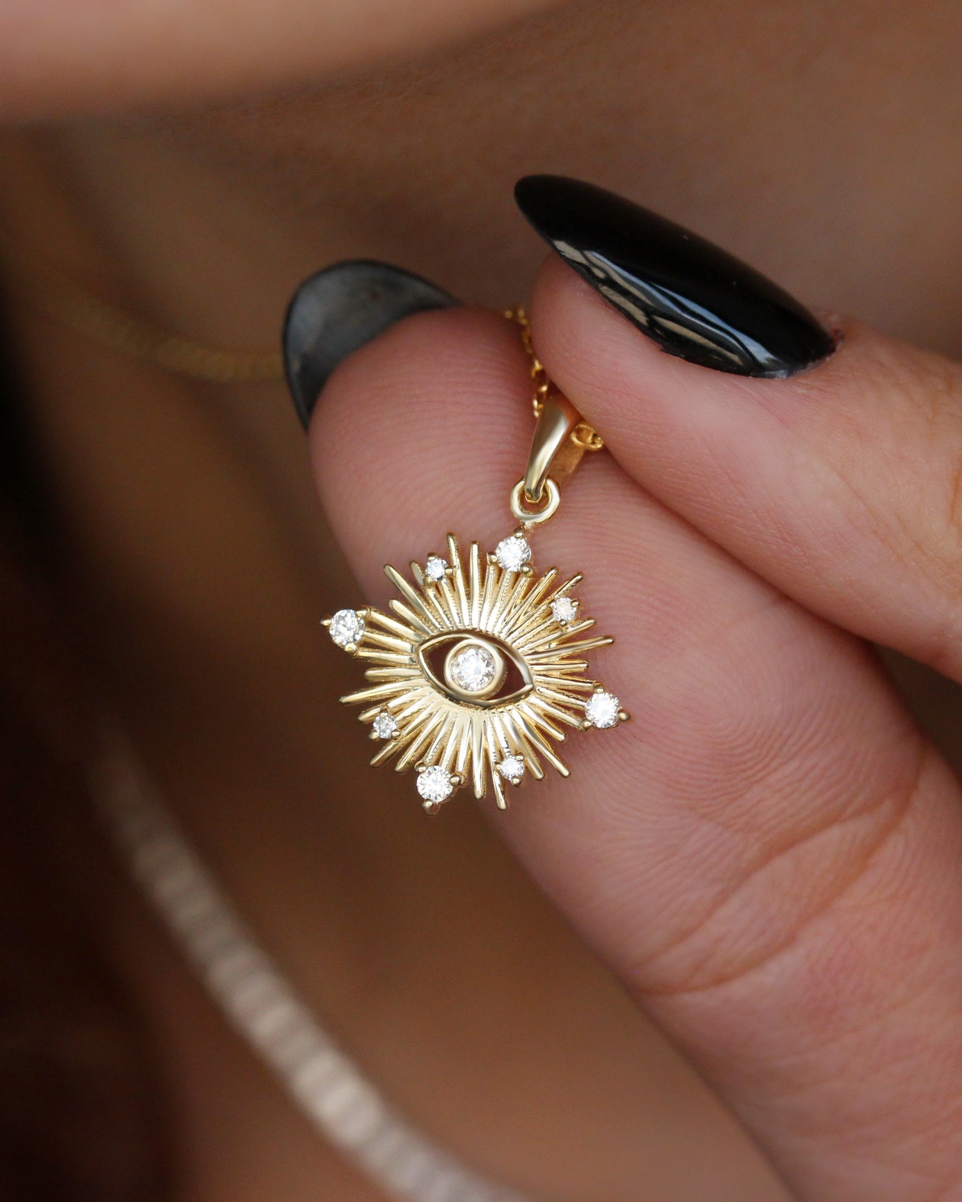 Sun Star Evil Eye Pendant | Nine Diamond Evil Eye Necklace | 14K Gold Protection Amulet | Dainty Diamond Talisman | Sunburst Eye Charm, spiritual jewelry gift, protection necklace gold, evil eye talisman
