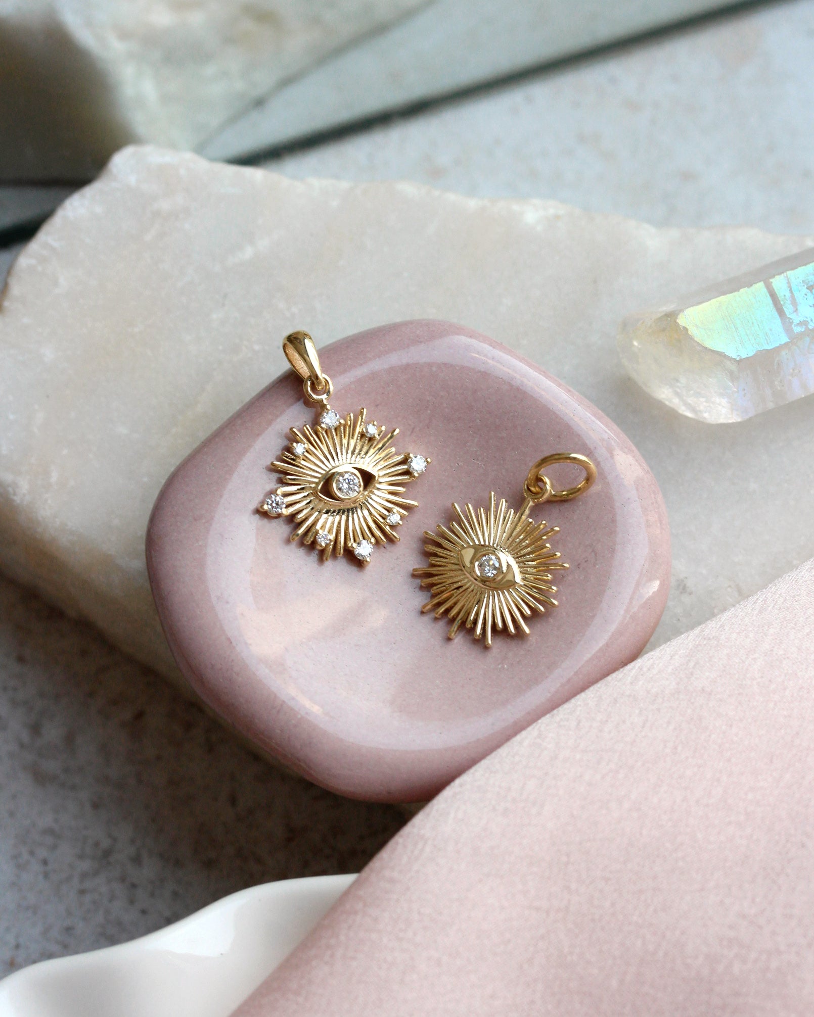 Sun Star Evil Eye Pendant | Nine Diamond Evil Eye Necklace | 14K Gold Protection Amulet | Dainty Diamond Talisman | Sunburst Eye Charm, spiritual jewelry gift, protection necklace gold, evil eye talisman