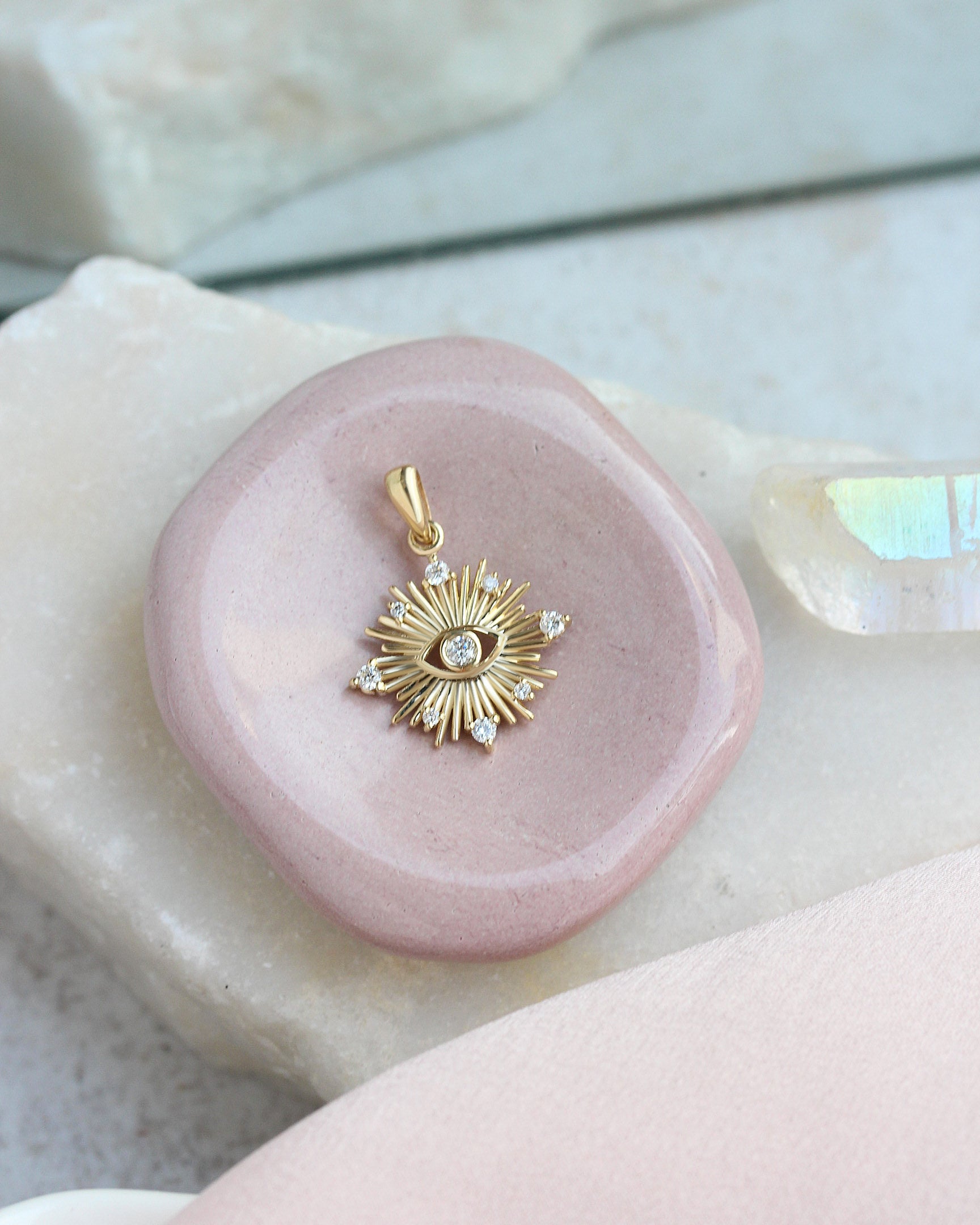 Sun Star Evil Eye Pendant | Nine Diamond Evil Eye Necklace | 14K Gold Protection Amulet | Dainty Diamond Talisman | Sunburst Eye Charm, spiritual jewelry gift, protection necklace gold, evil eye talisman