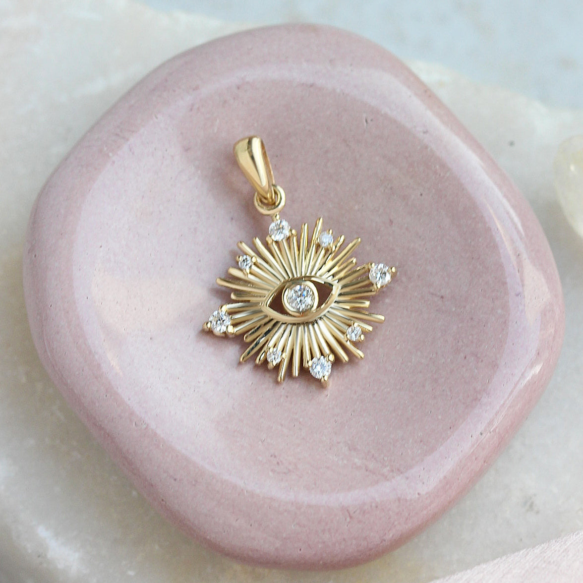 Sun Star Evil Eye Pendant | Nine Diamond Evil Eye Necklace | 14K Gold Protection Amulet | Dainty Diamond Talisman | Sunburst Eye Charm, spiritual jewelry gift, protection necklace gold, evil eye talisman