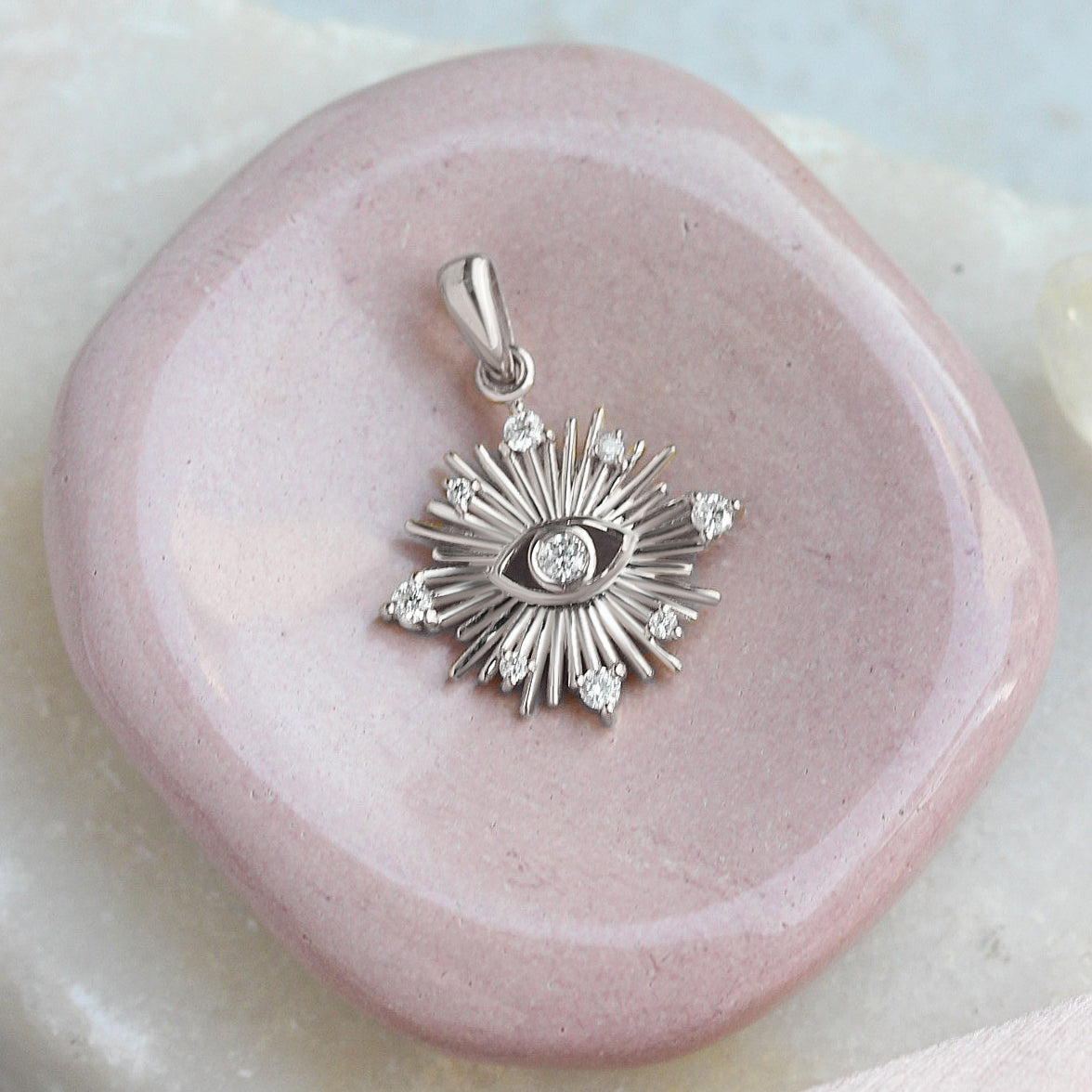 Sun Star Evil Eye Pendant | Nine Diamond Evil Eye Necklace | 14K Gold Protection Amulet | Dainty Diamond Talisman | Sunburst Eye Charm, spiritual jewelry gift, protection necklace gold, evil eye talisman